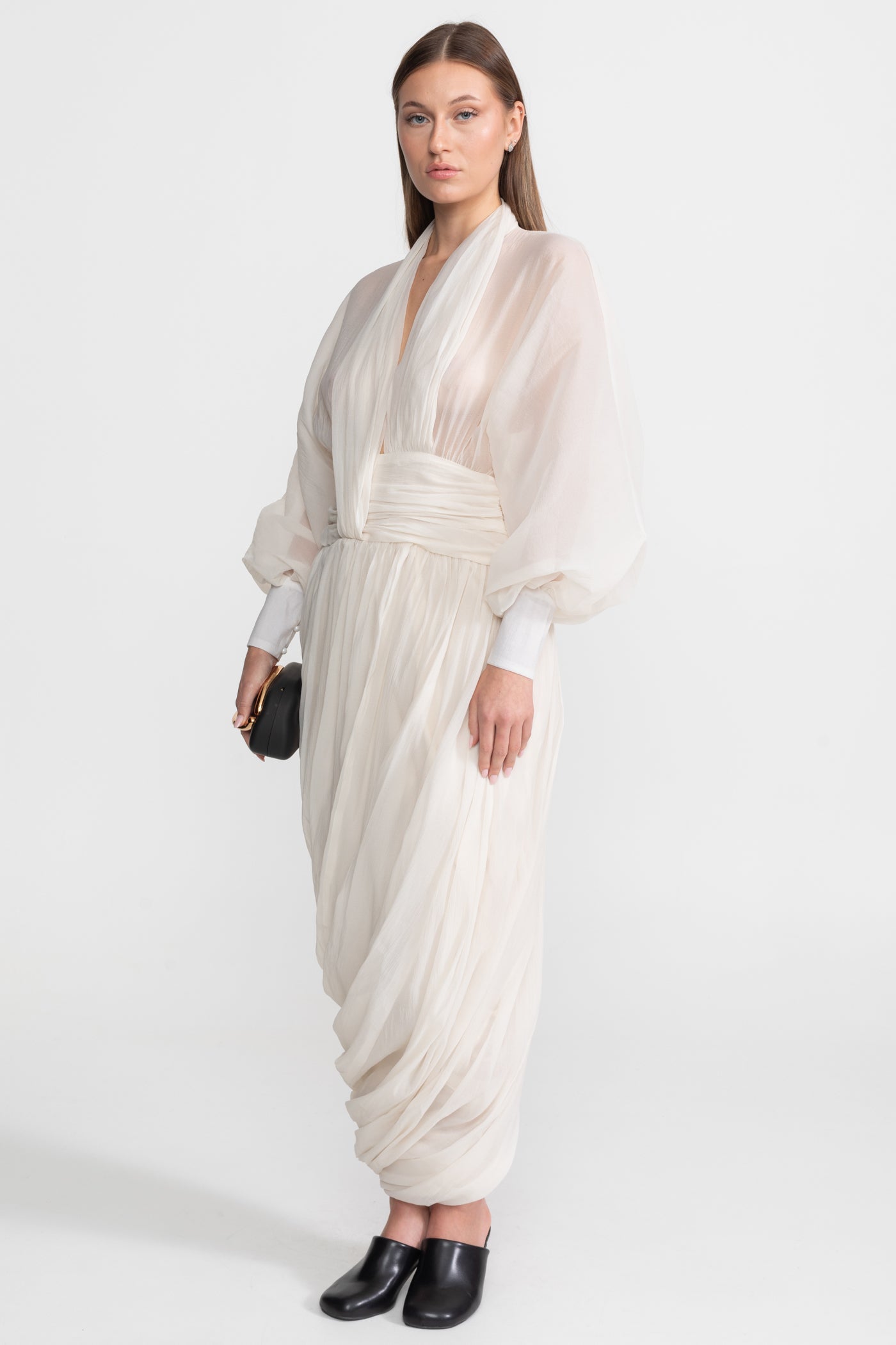 Draped Chiffon Maxi Dress With Long Bishop Sleeves – Ivoire