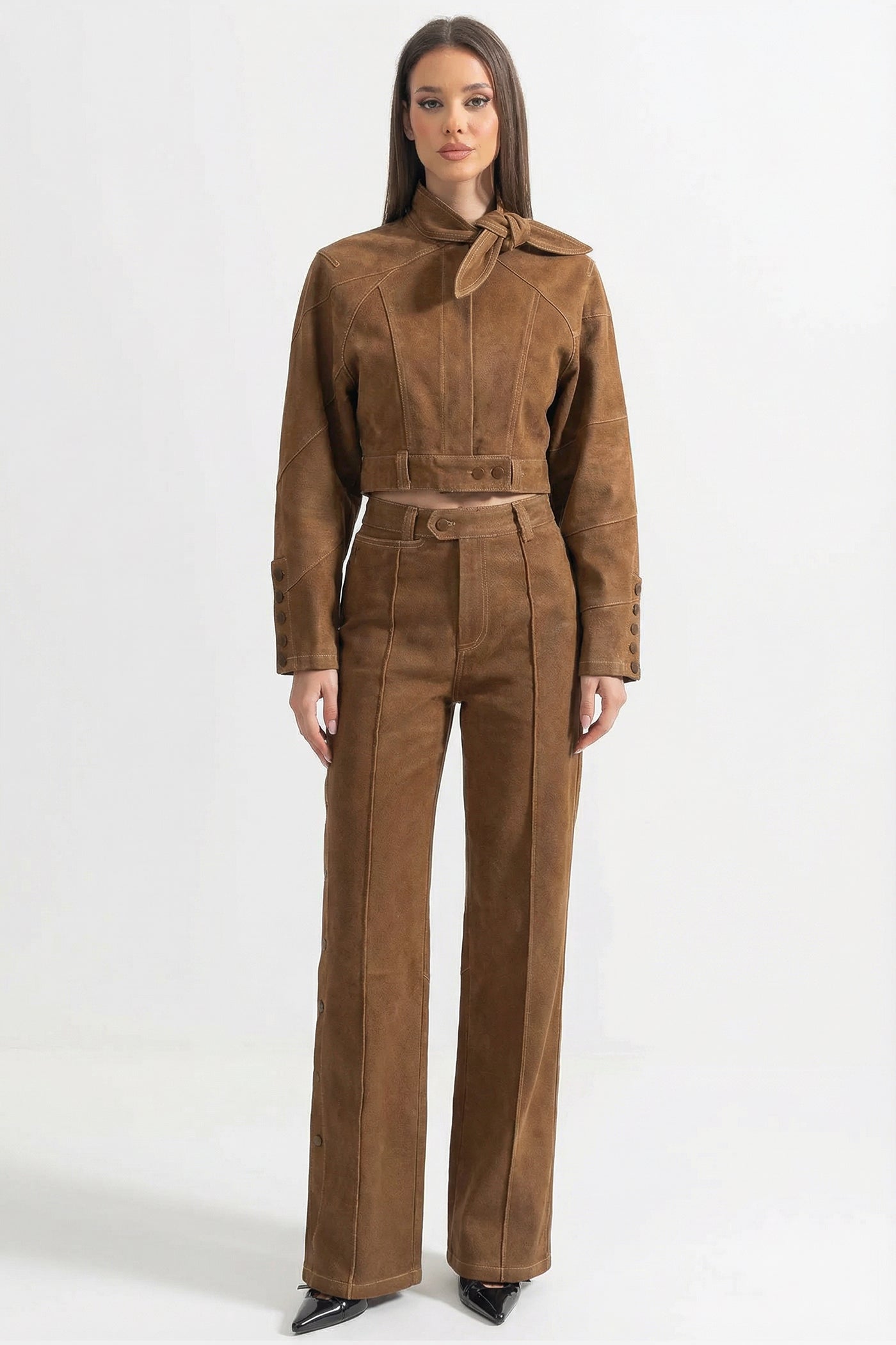 Suede Co-Ord Set With Tie-Neck Cropped Jacket And Wide-Leg Trousers - Brown