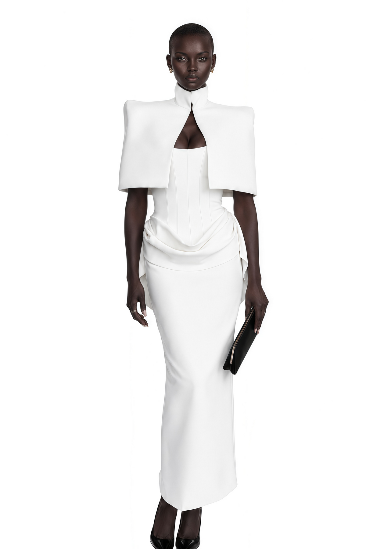 felice white structured cape & corset dress set