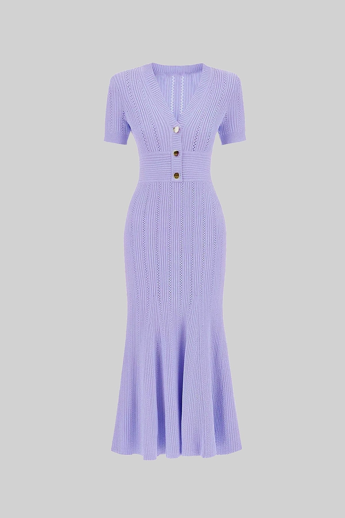 Sidonie Lilac Ribbed Short Sleeve Midi Dress With Gold Button V-Neckline