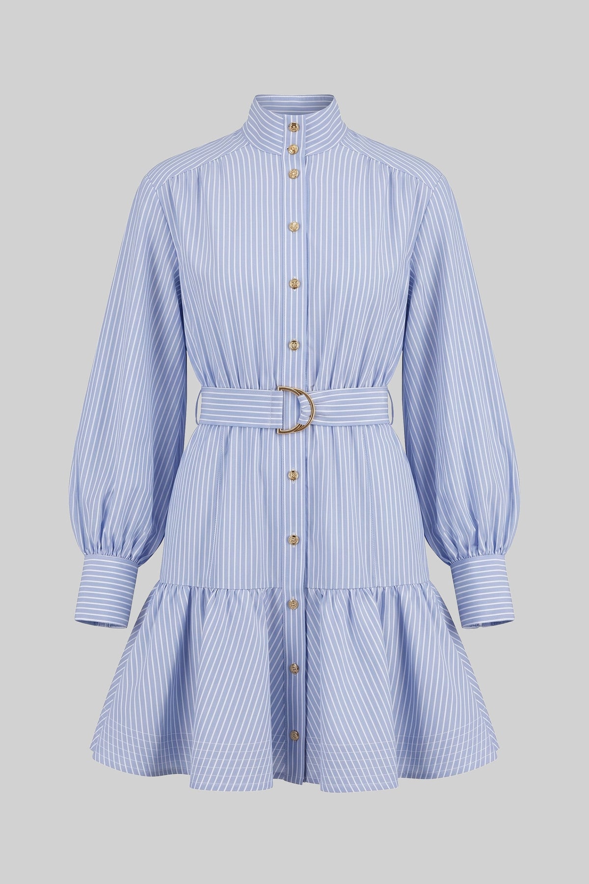 Striped Belted Mini Dress With High Neck And Balloon Sleeves - Blue
