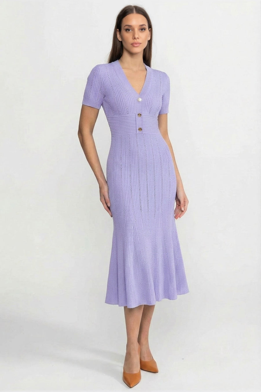 Sidonie Lilac Ribbed Short Sleeve Midi Dress With Gold Button V-Neckline