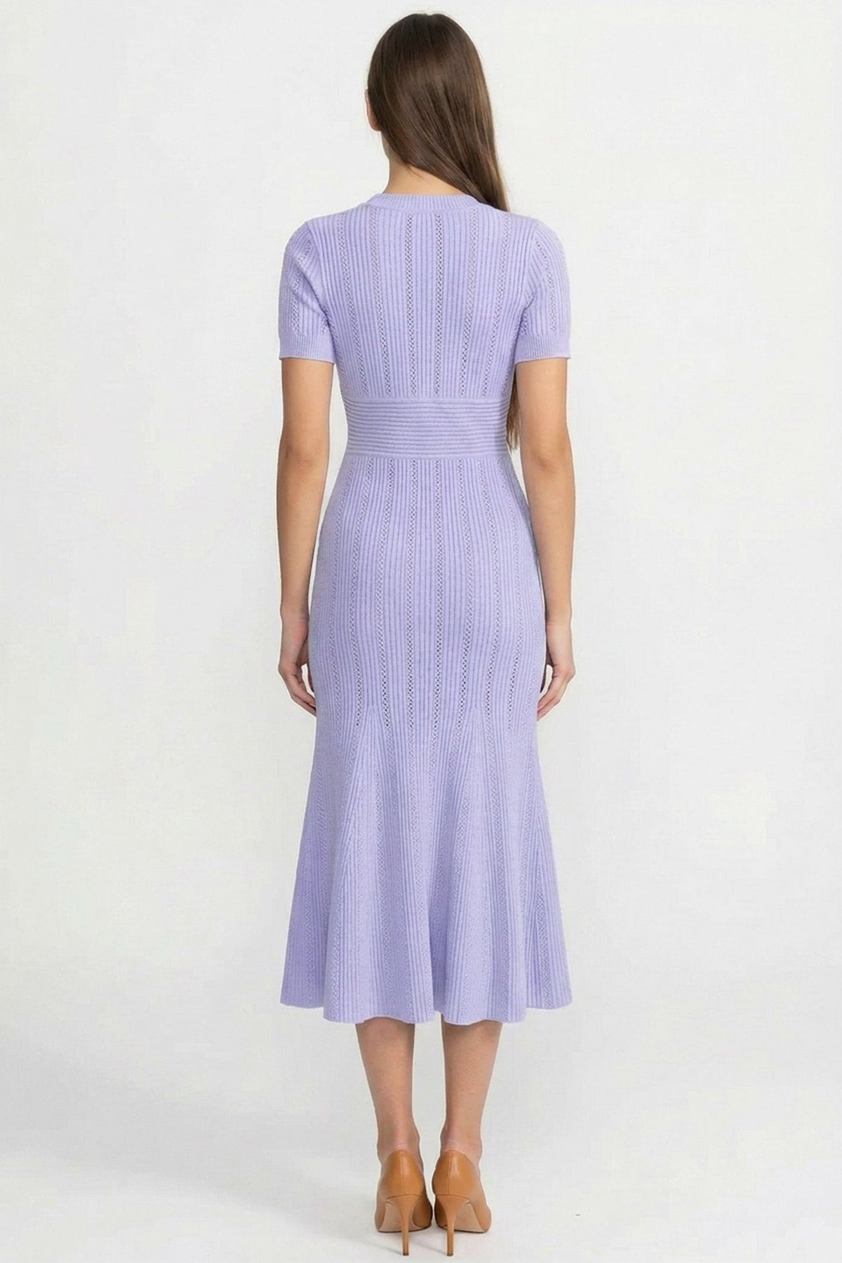 Sidonie Lilac Ribbed Short Sleeve Midi Dress With Gold Button V-Neckline