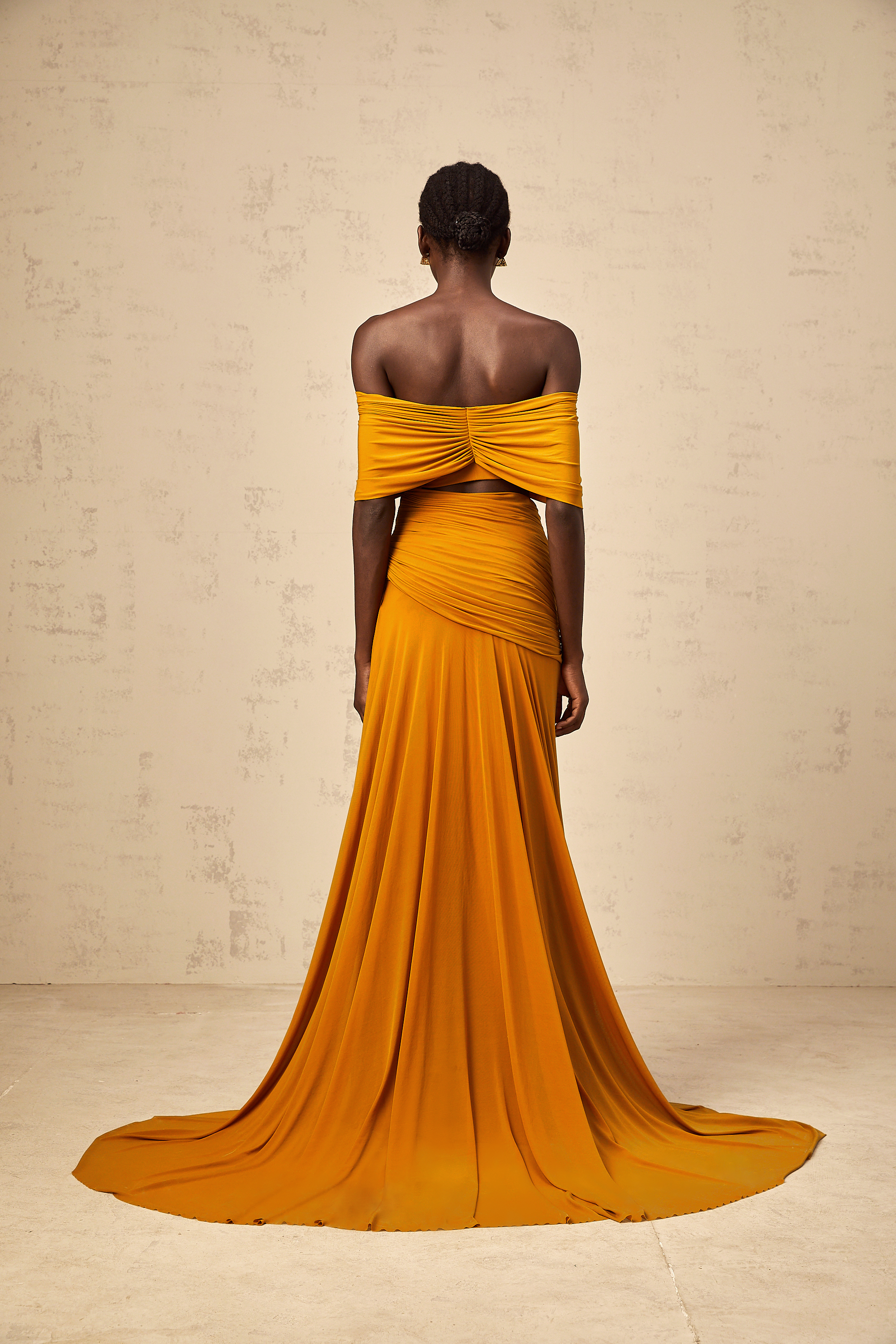 Ludivine ginger off-shoulder cut-out ruched maxi dress