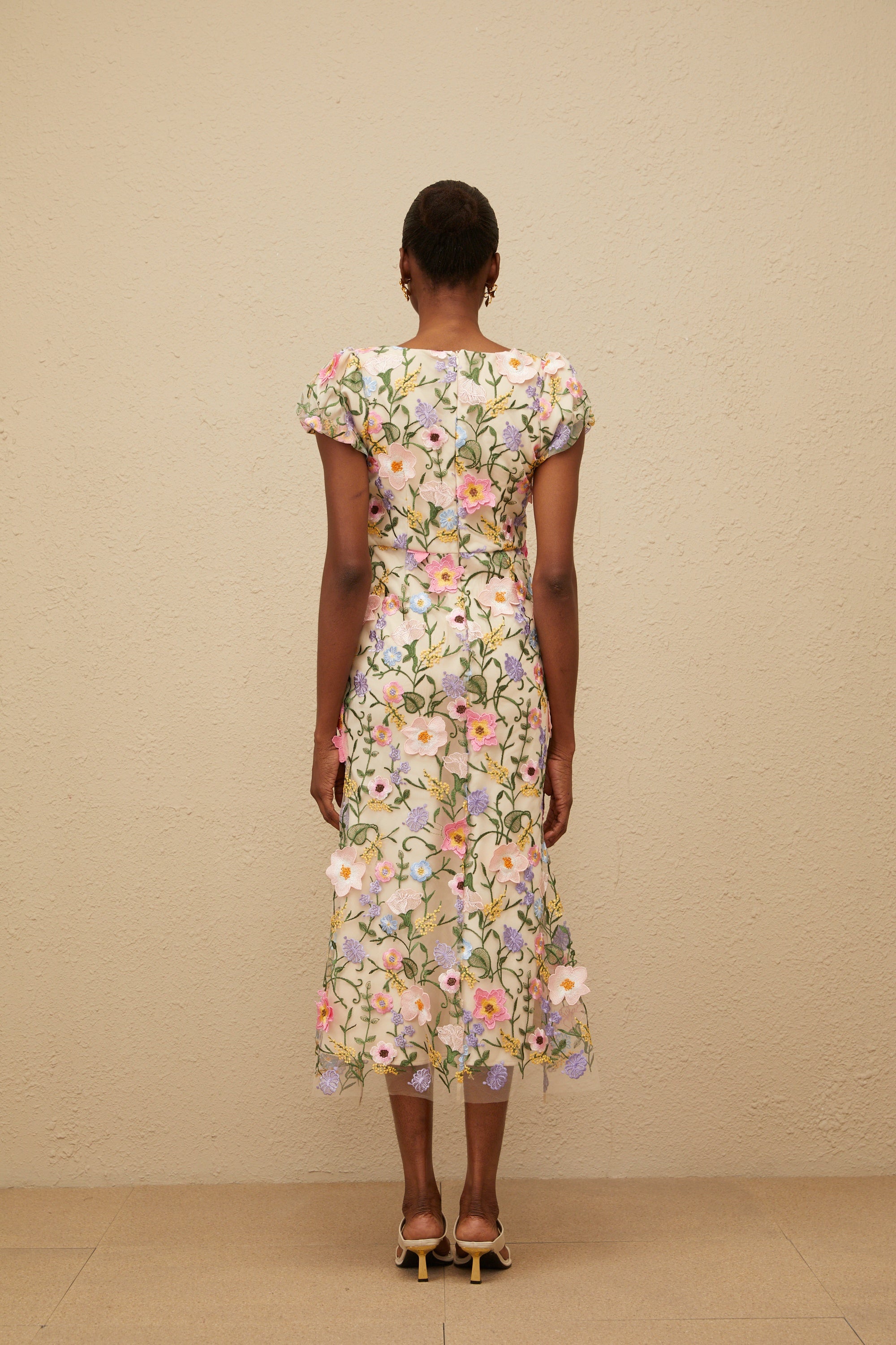 Enjouée Neutral Floral Embroidered Midi Dress (Final Sale-US Only)