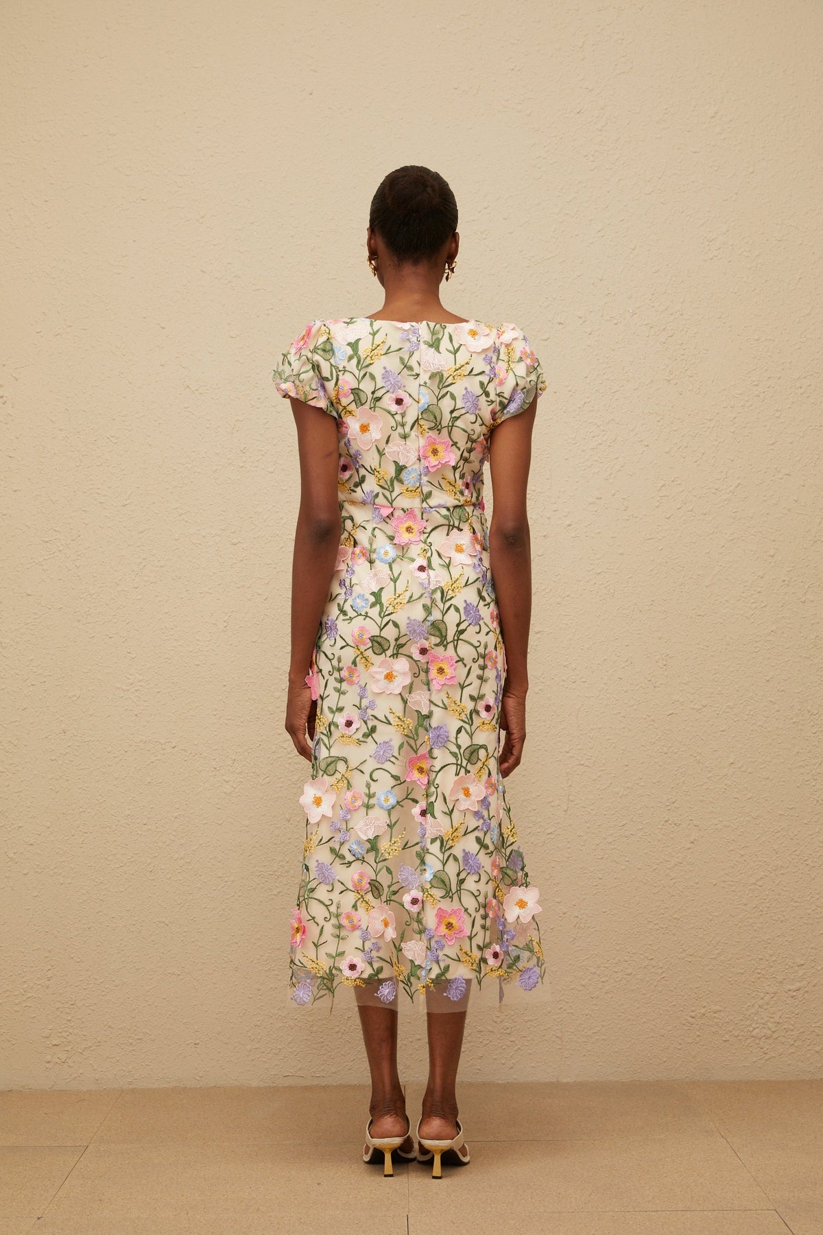 Enjouée Neutral Floral Embroidered Midi Dress (Final Sale-US Only)