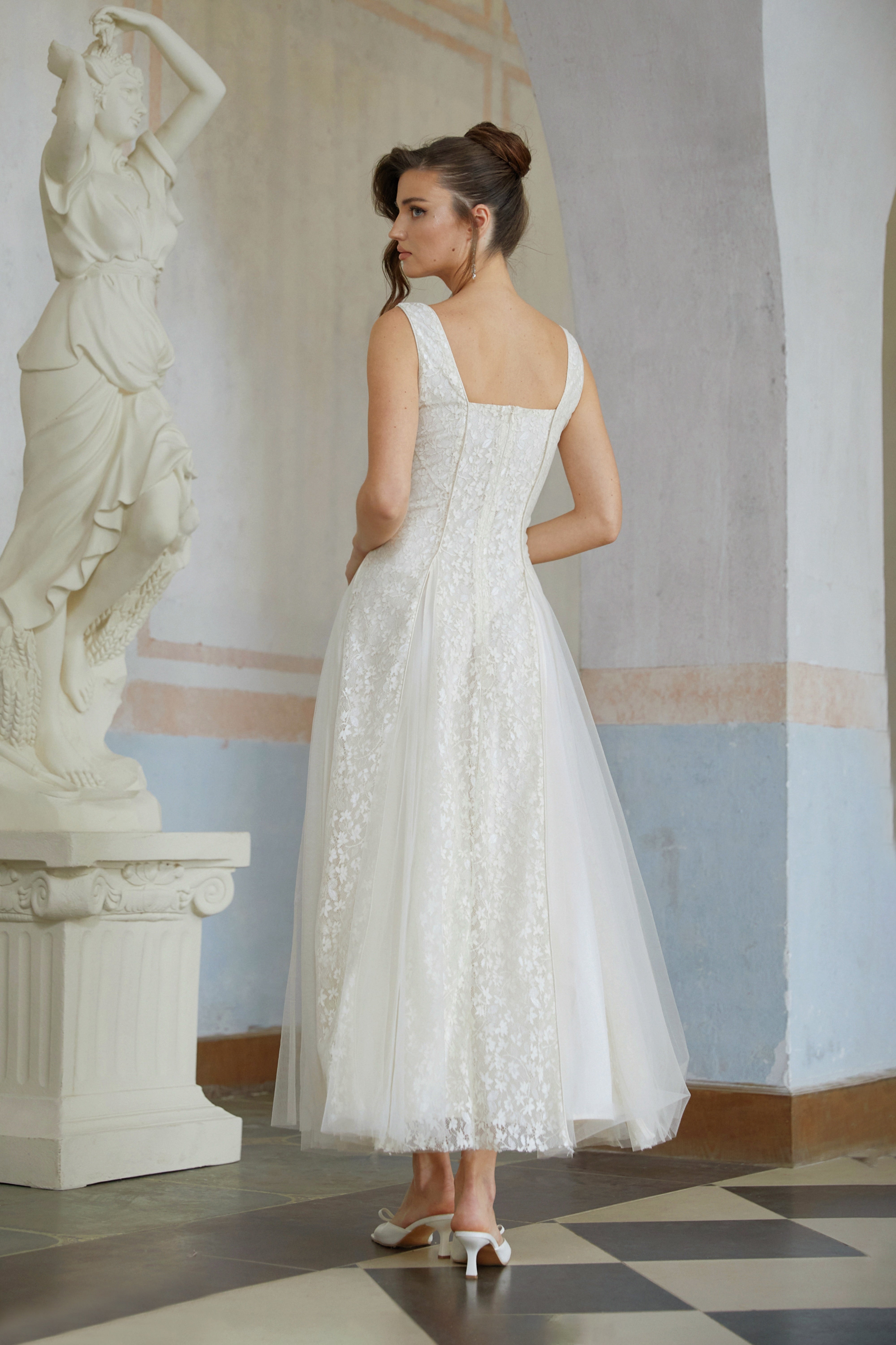 Fiadh Neutral Tulle Panel Lace Maxi Dress
