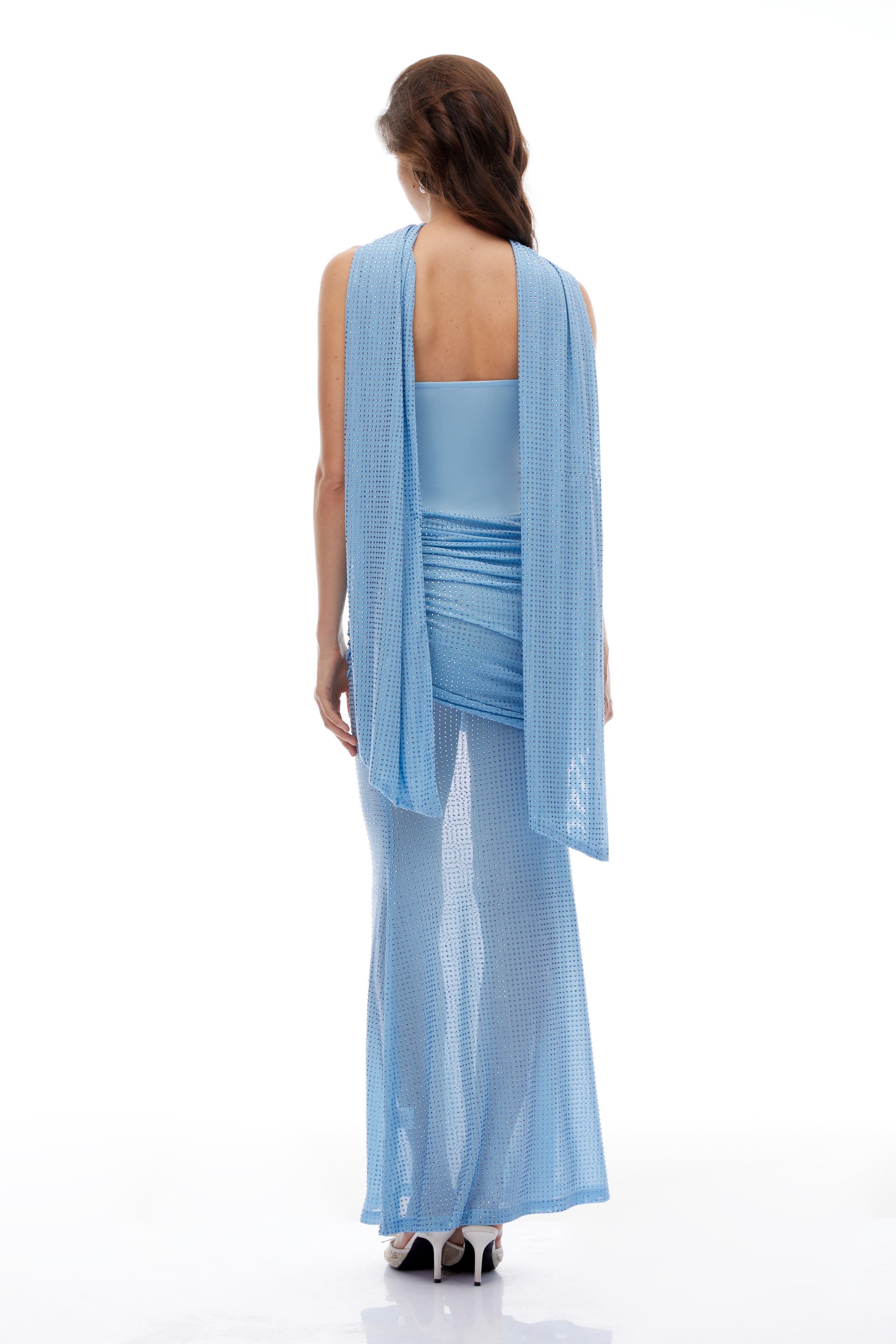 Aletta Blue Rhinestone Embellished Ruched Maxi Dress