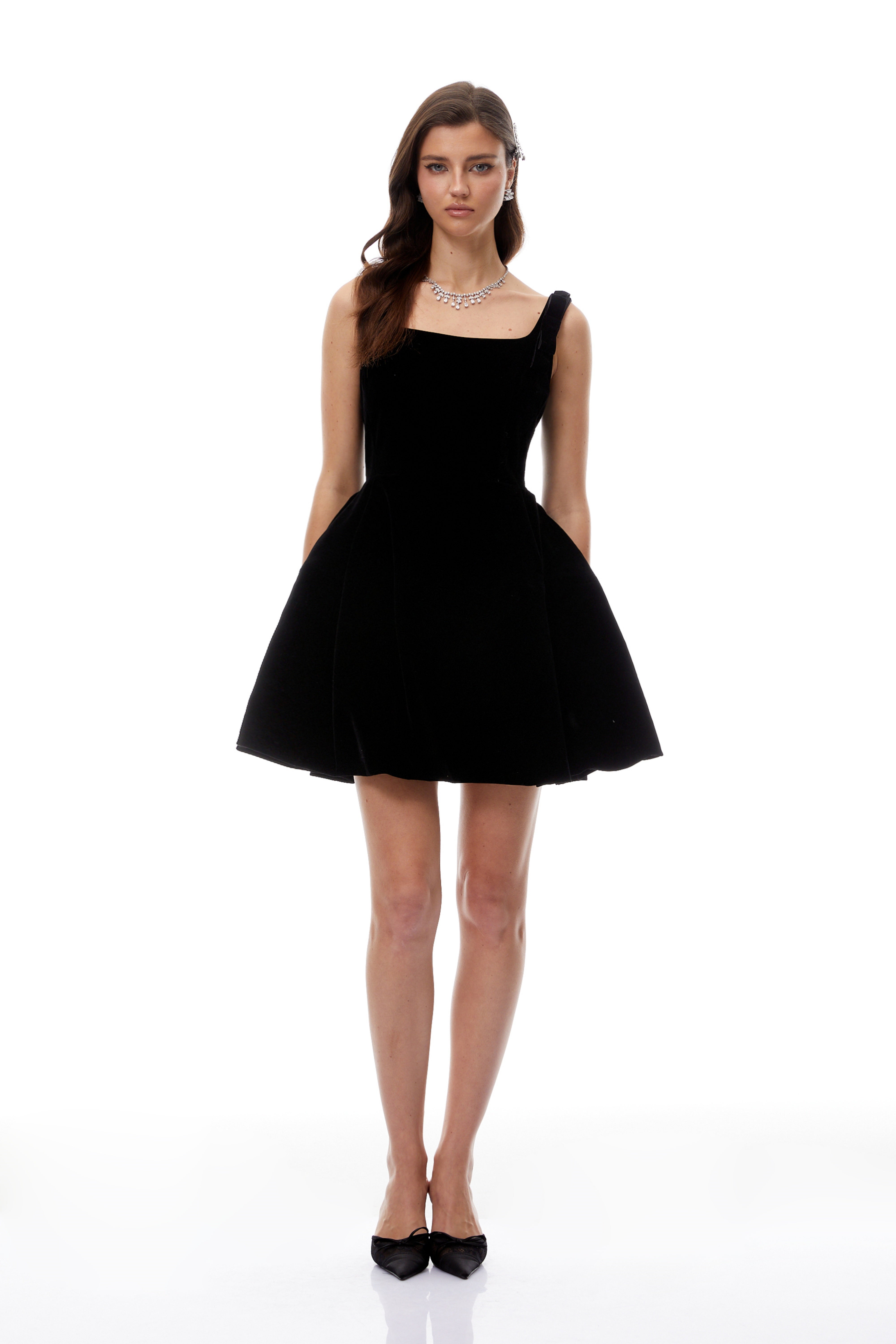 Selma Black Square Neck Velvet Mini Dress