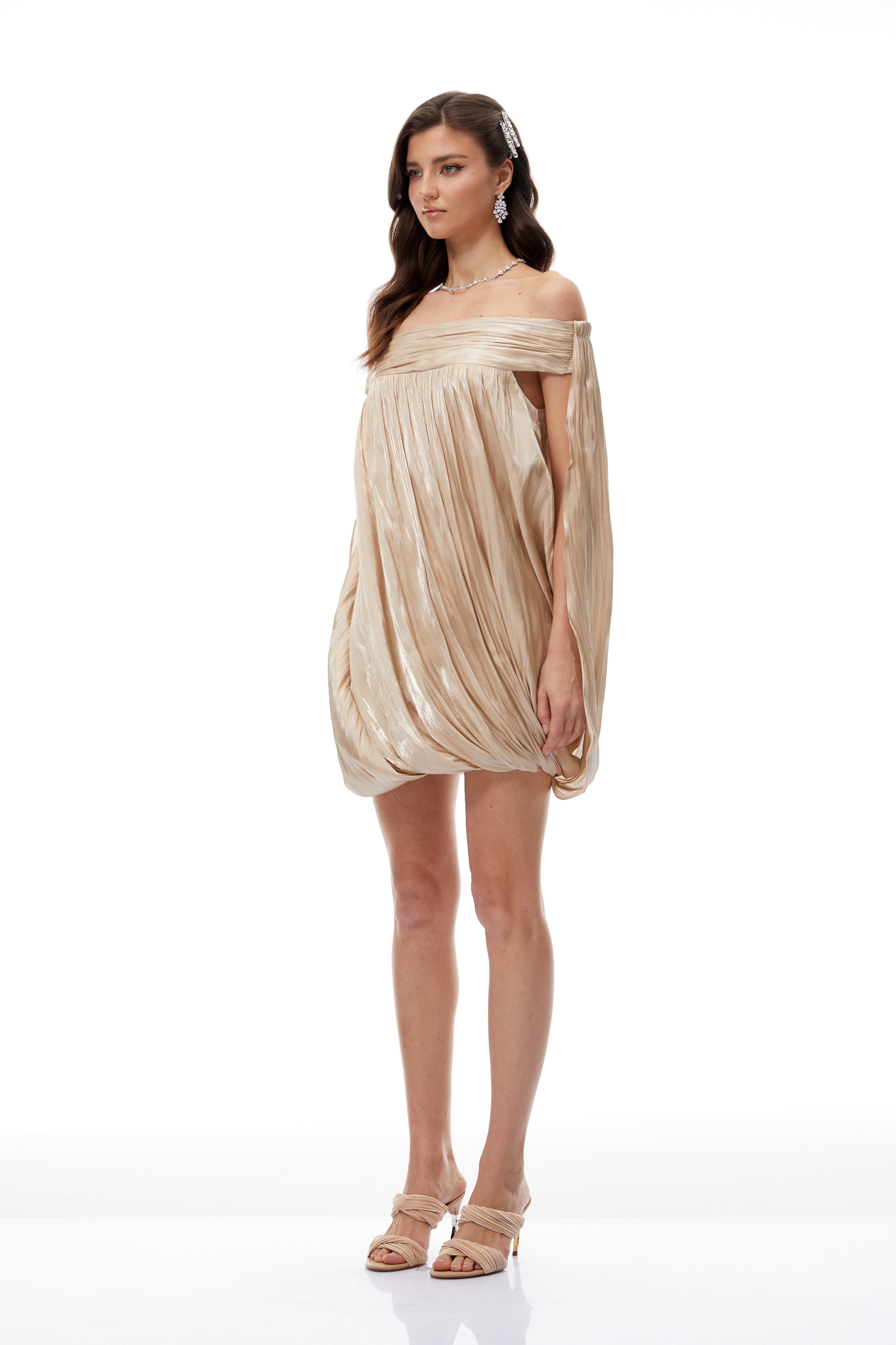 Anastasia Neutral Draped Glossy Mini Dress