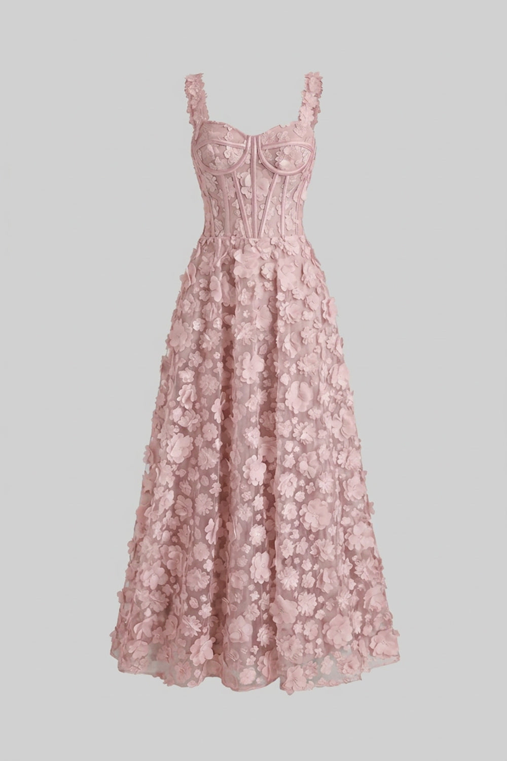 Floral Appliqué Maxi Dress With Corset Bodice - Pink