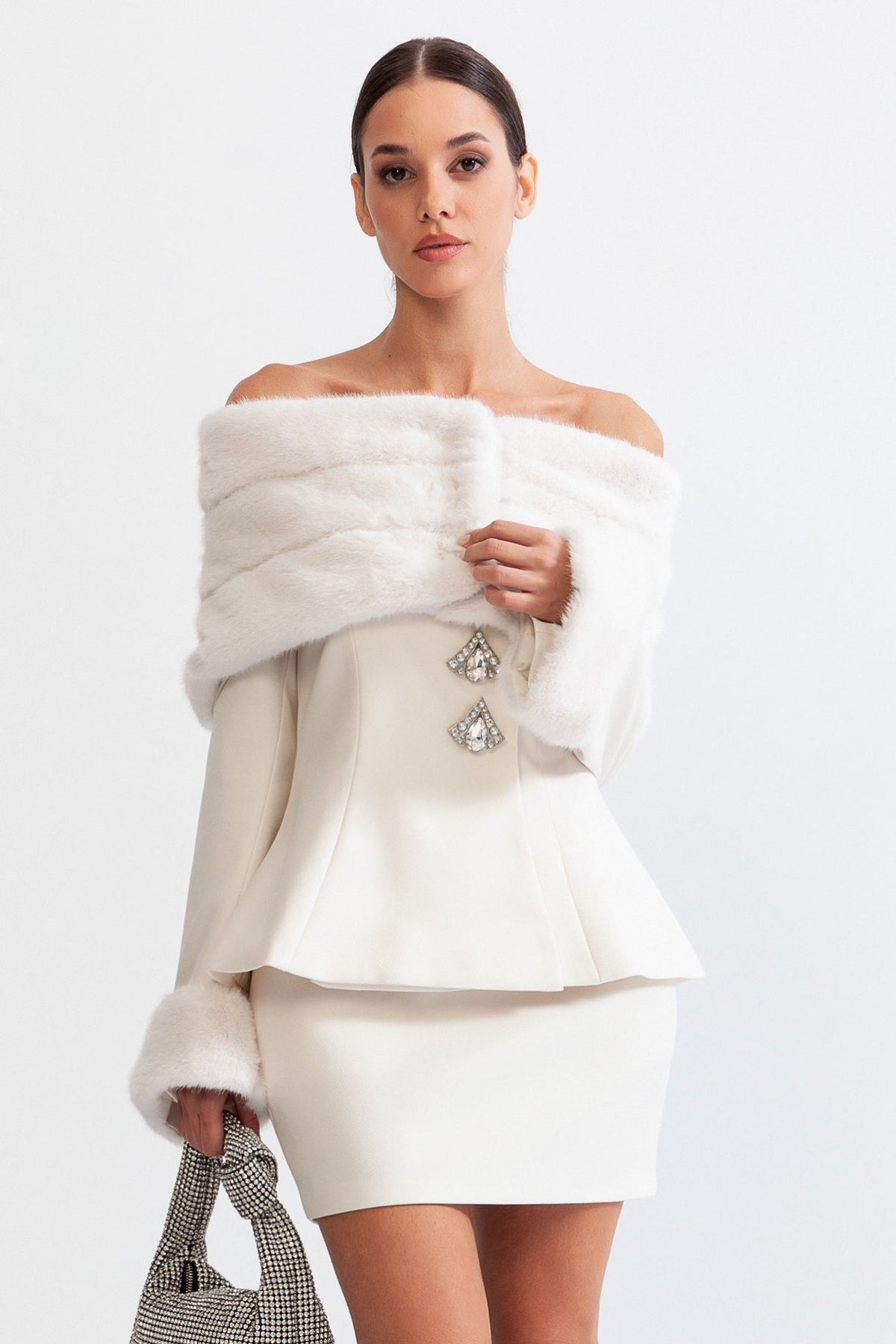 MANETTE Off The Shoulder Co-Ord with Faux Fur - White