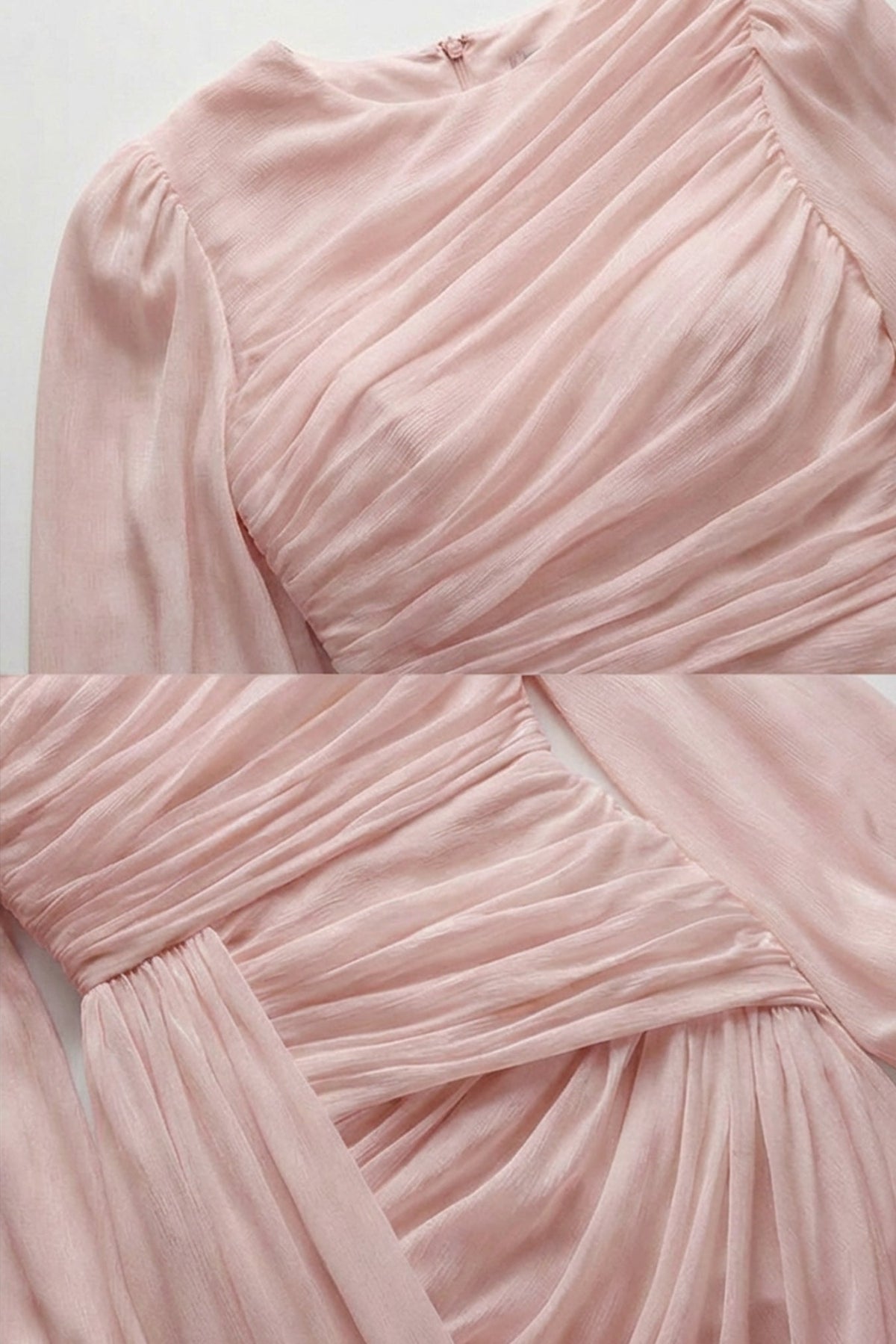 Draped Long-Sleeve Maxi Dress with Gathered Waist – Blush Pink