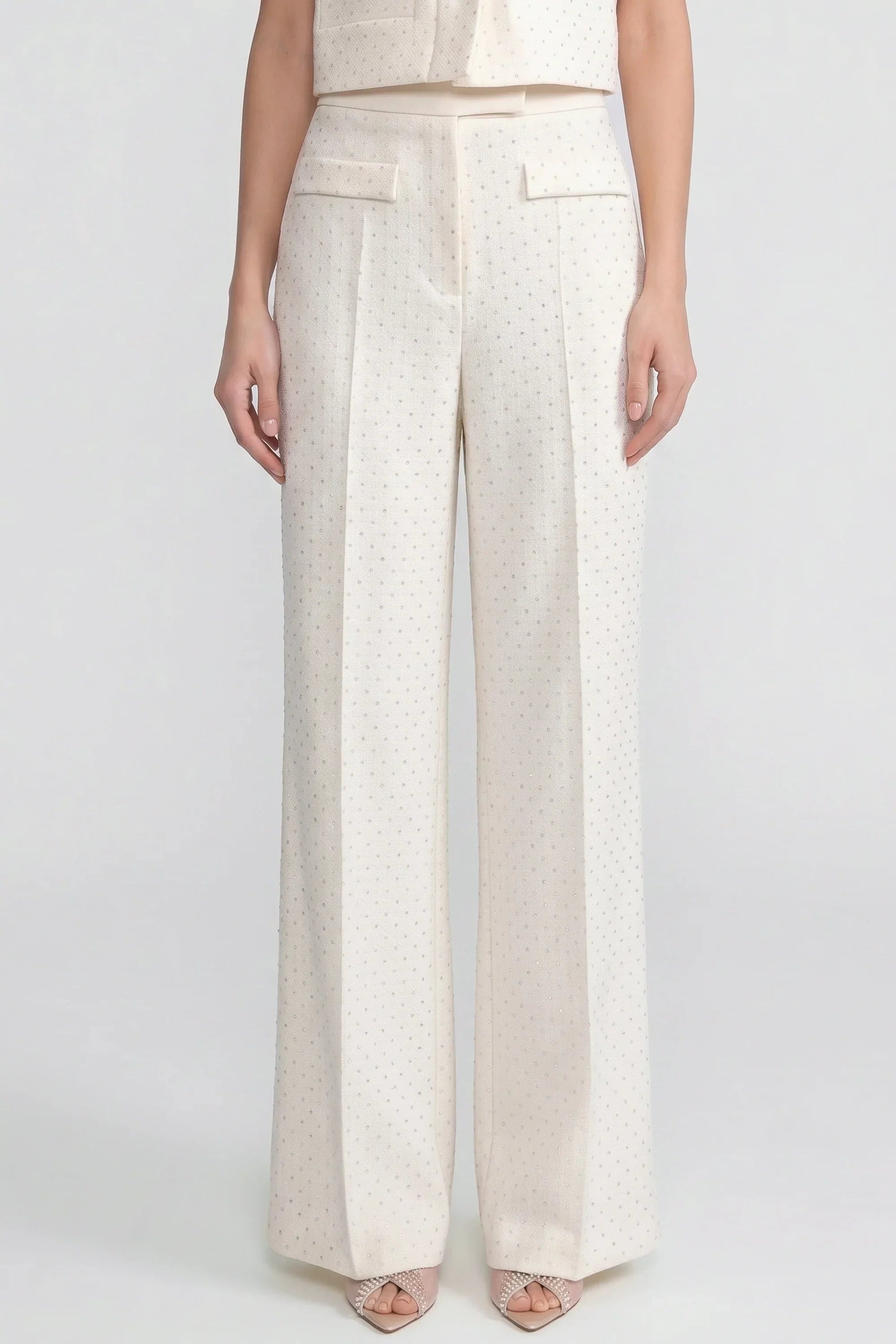 Wide-Leg Embellished Tweed Trousers With Patch Pockets - Ivoire