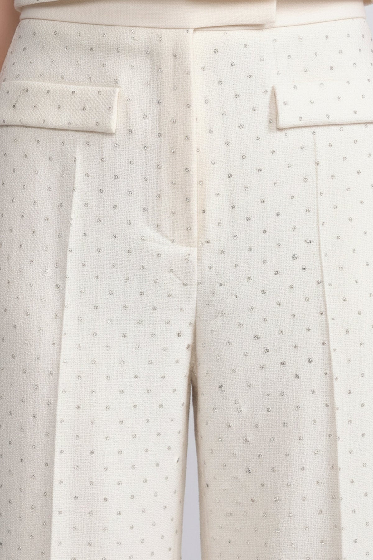 Thais Ivoire Wide-Leg Embellished Tweed Trousers With Patch Pockets