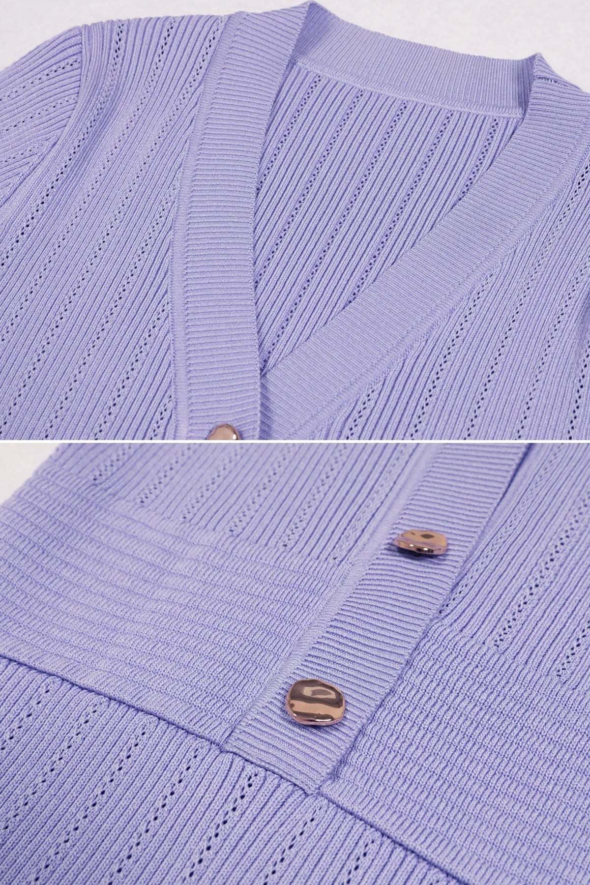 Sidonie Lilac Ribbed Short Sleeve Midi Dress With Gold Button V-Neckline