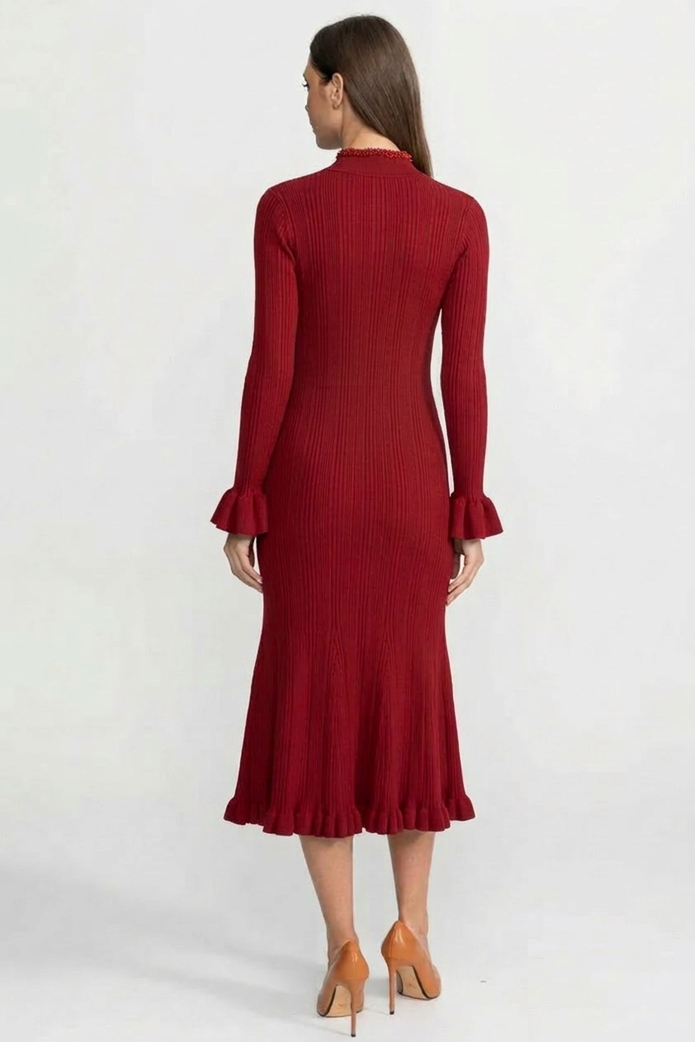 Ribbed Long Sleeve Midi Dress With Braided Trim Details - Burgundy