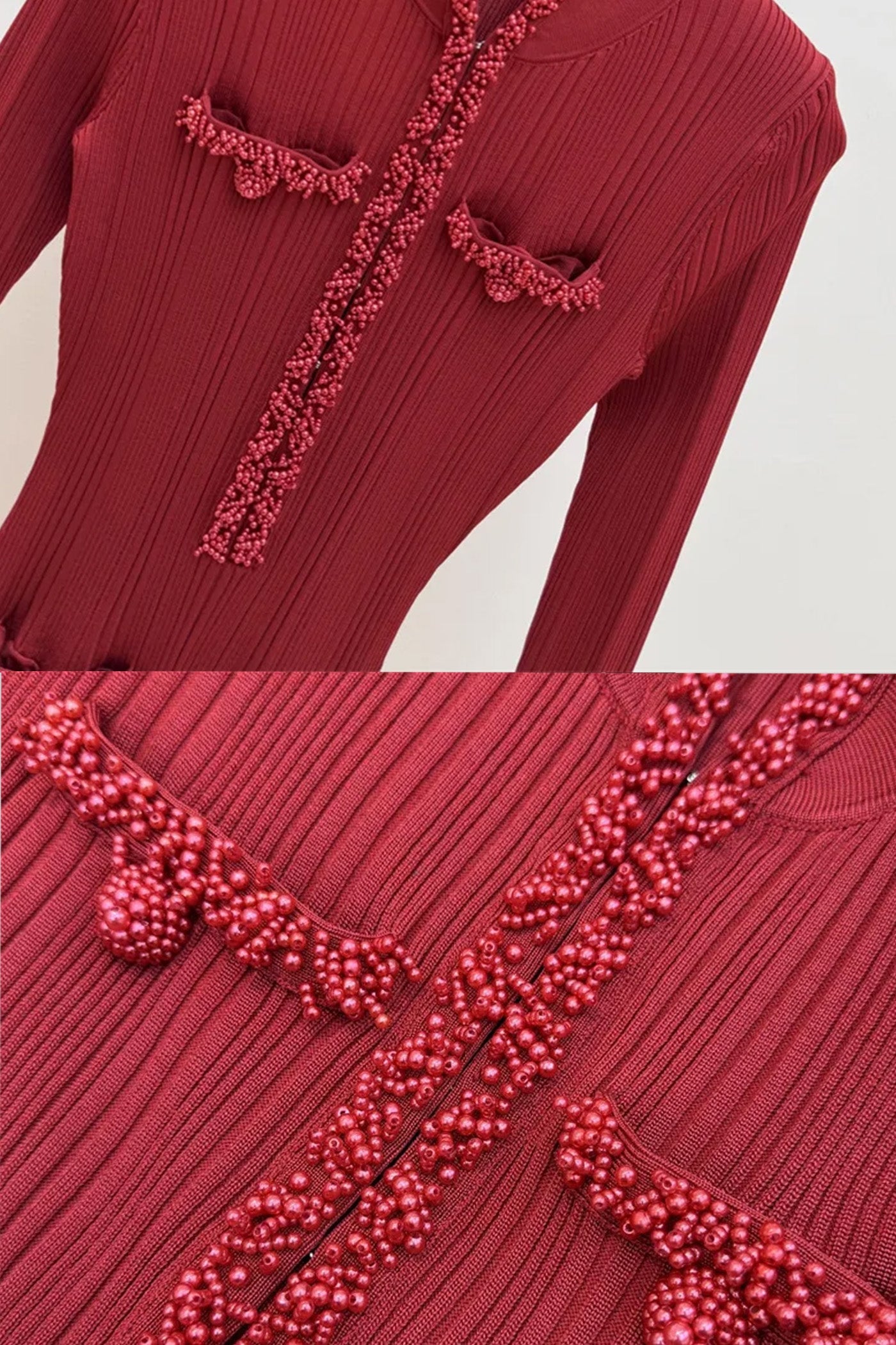 Ribbed Long Sleeve Midi Dress With Braided Trim Details - Burgundy