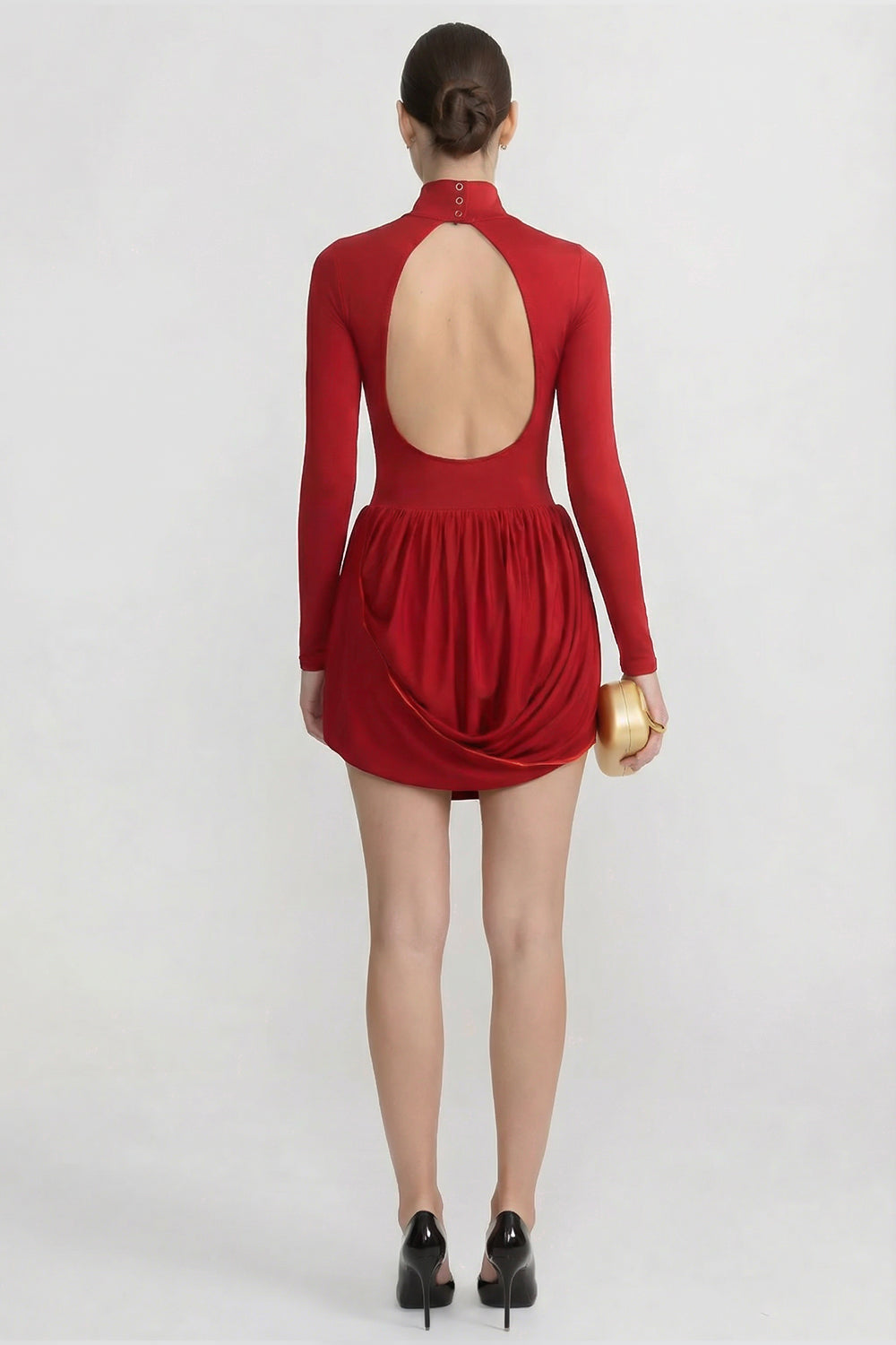 Long Sleeve Mini Dress With Draped Bubble Skirt - Red