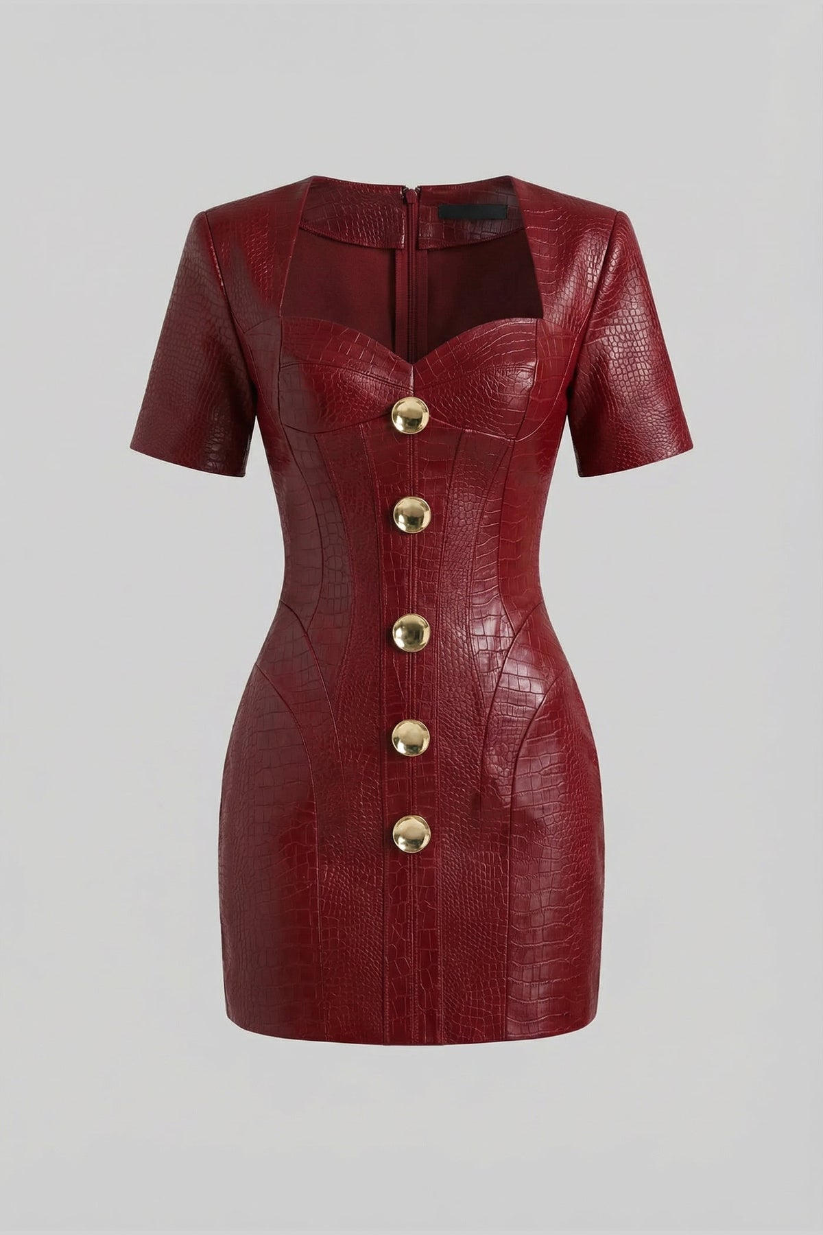 Croc-Effect Mini Dress With Gold Button Front - Red