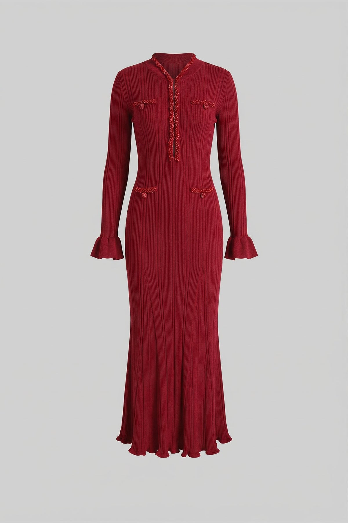 Sabine Burgundy Ribbed Long Sleeve Midi Dress With Braided Trim Details