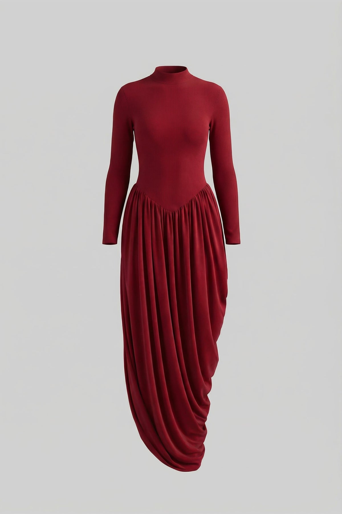 Long Sleeve Maxi Dress With Draped Skirt - Red