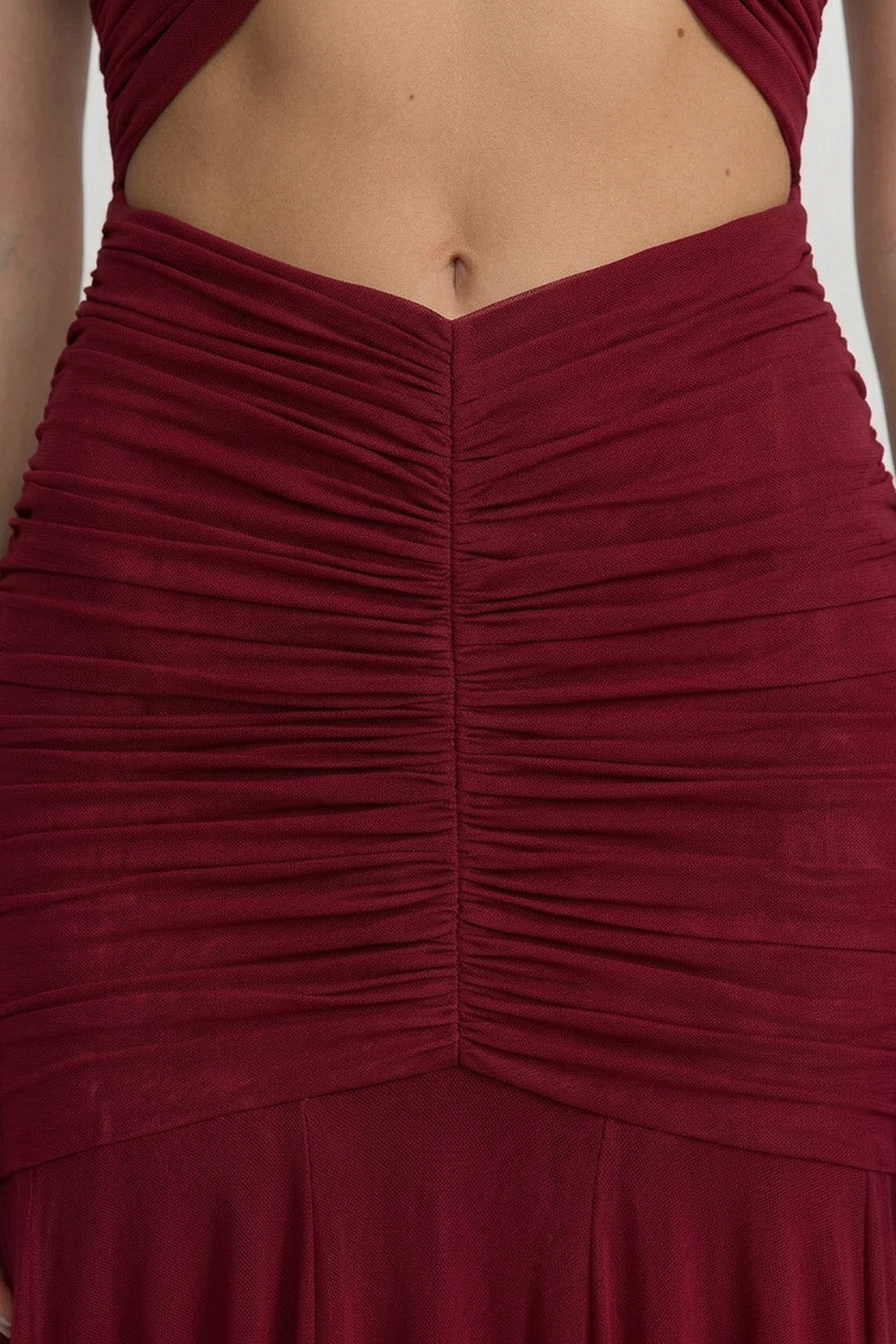 Ruched Off-The-Shoulder Maxi Dress With Cut-Out Waist - Crimson