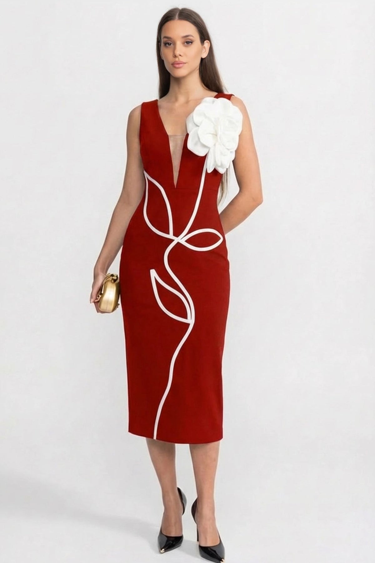 Structured Midi Dress with Sculpted Floral Accent – Red