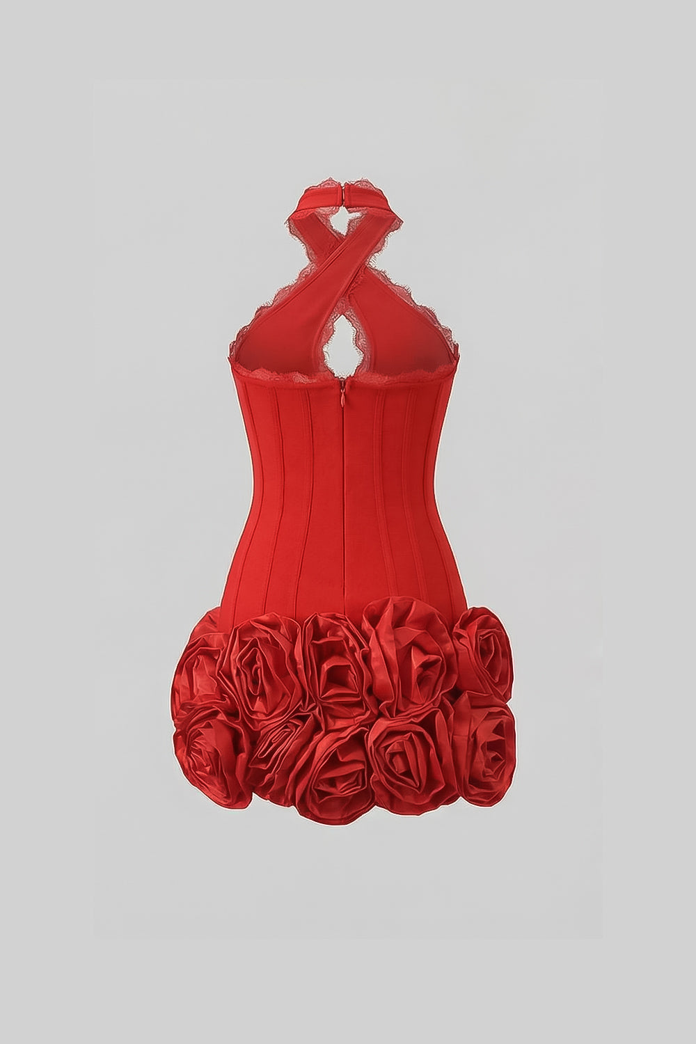 Halter Corset Mini Dress with 3D Rose Hem – Red
