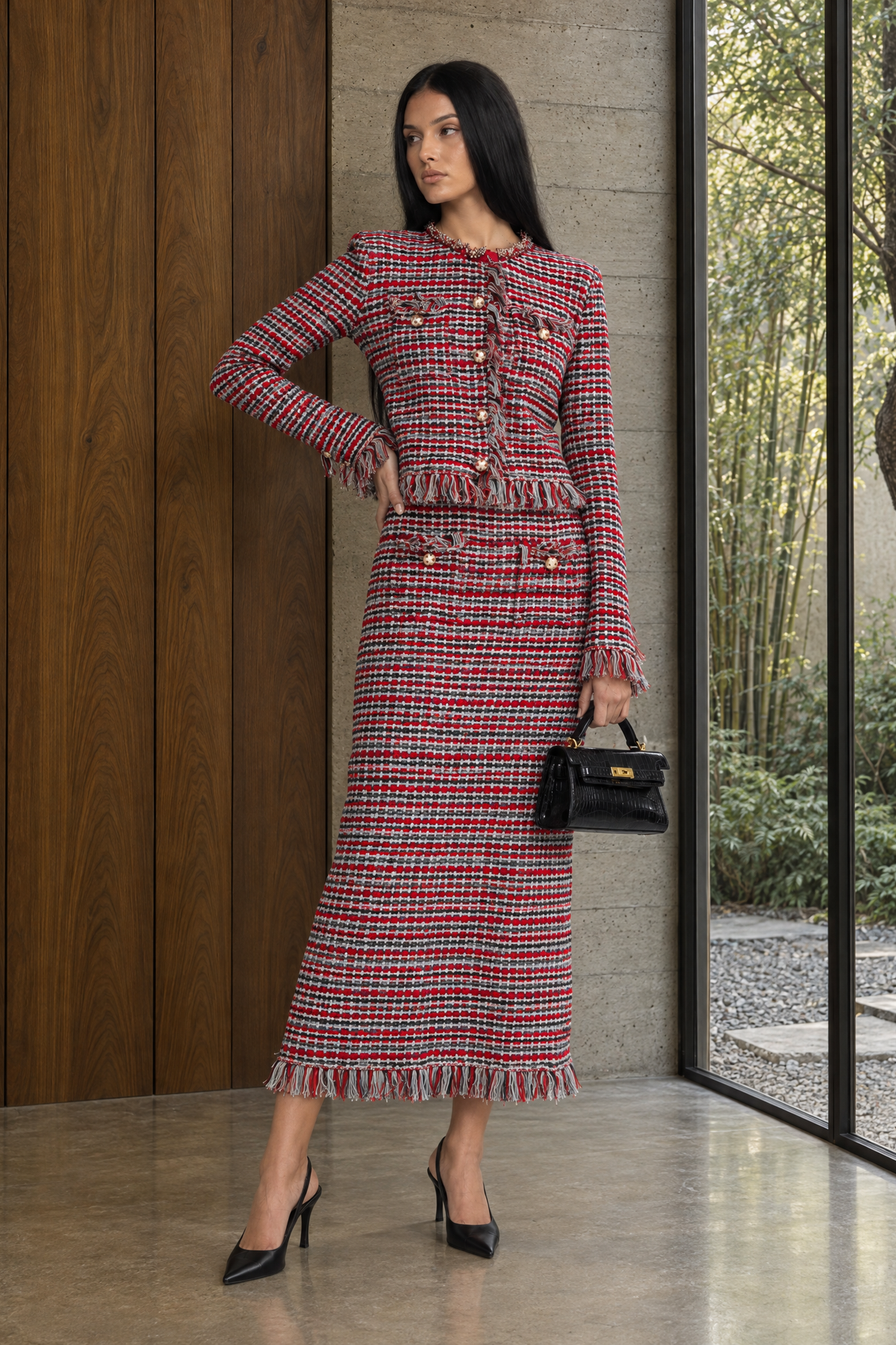 Madeleine Red Multi Fringed Tweed Jacket and Midi Skirt Co-ord Set
