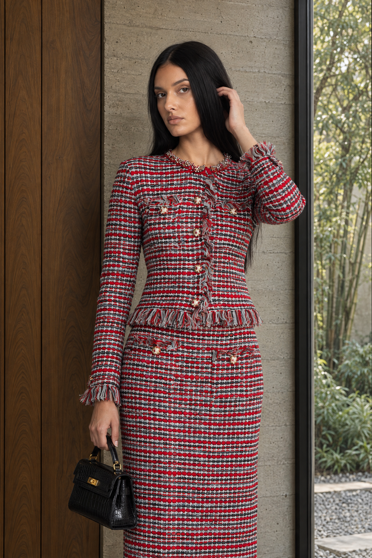 Madeleine Red Multi Fringed Tweed Jacket and Midi Skirt Co-ord Set