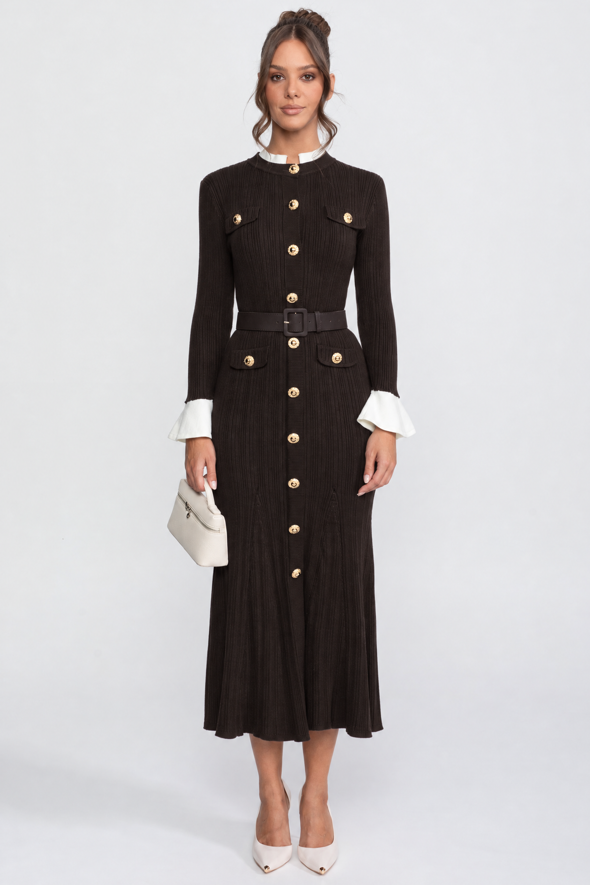 Marianne Brown Ribbed Knit Belted Midi Dress With White Cuffs And Collar