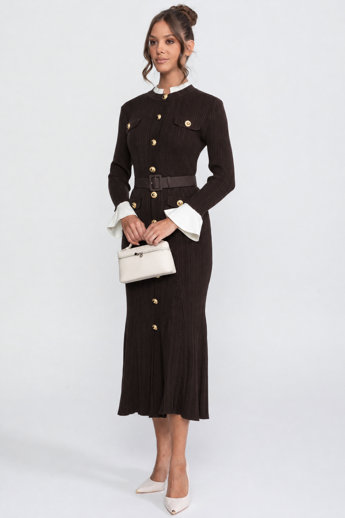 Marianne Brown Ribbed Knit Belted Midi Dress With White Cuffs And Collar