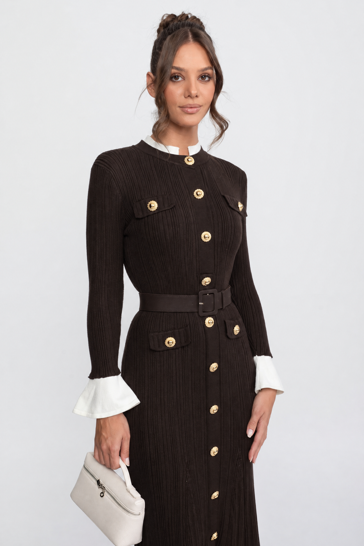 Marianne Brown Ribbed Knit Belted Midi Dress With White Cuffs And Collar
