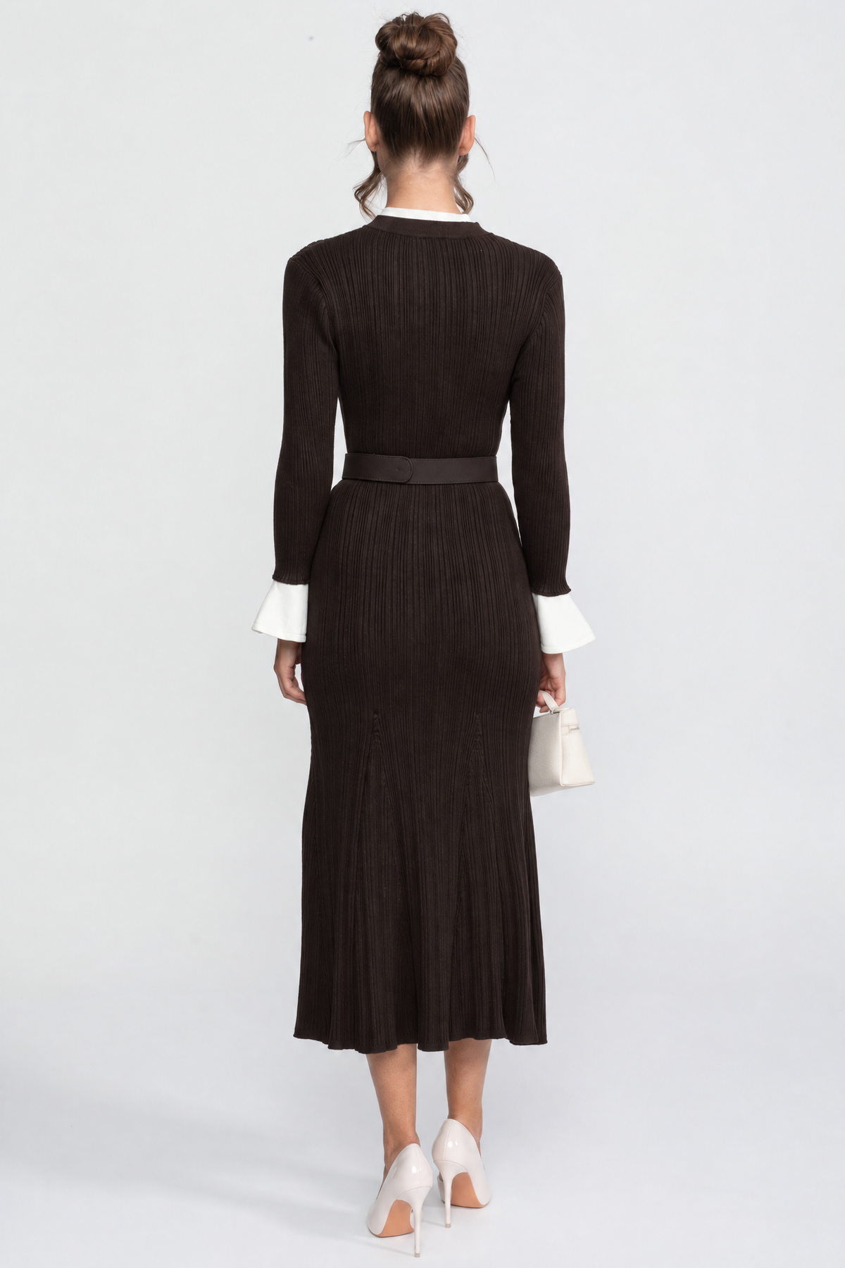 Marianne Brown Ribbed Knit Belted Midi Dress With White Cuffs And Collar