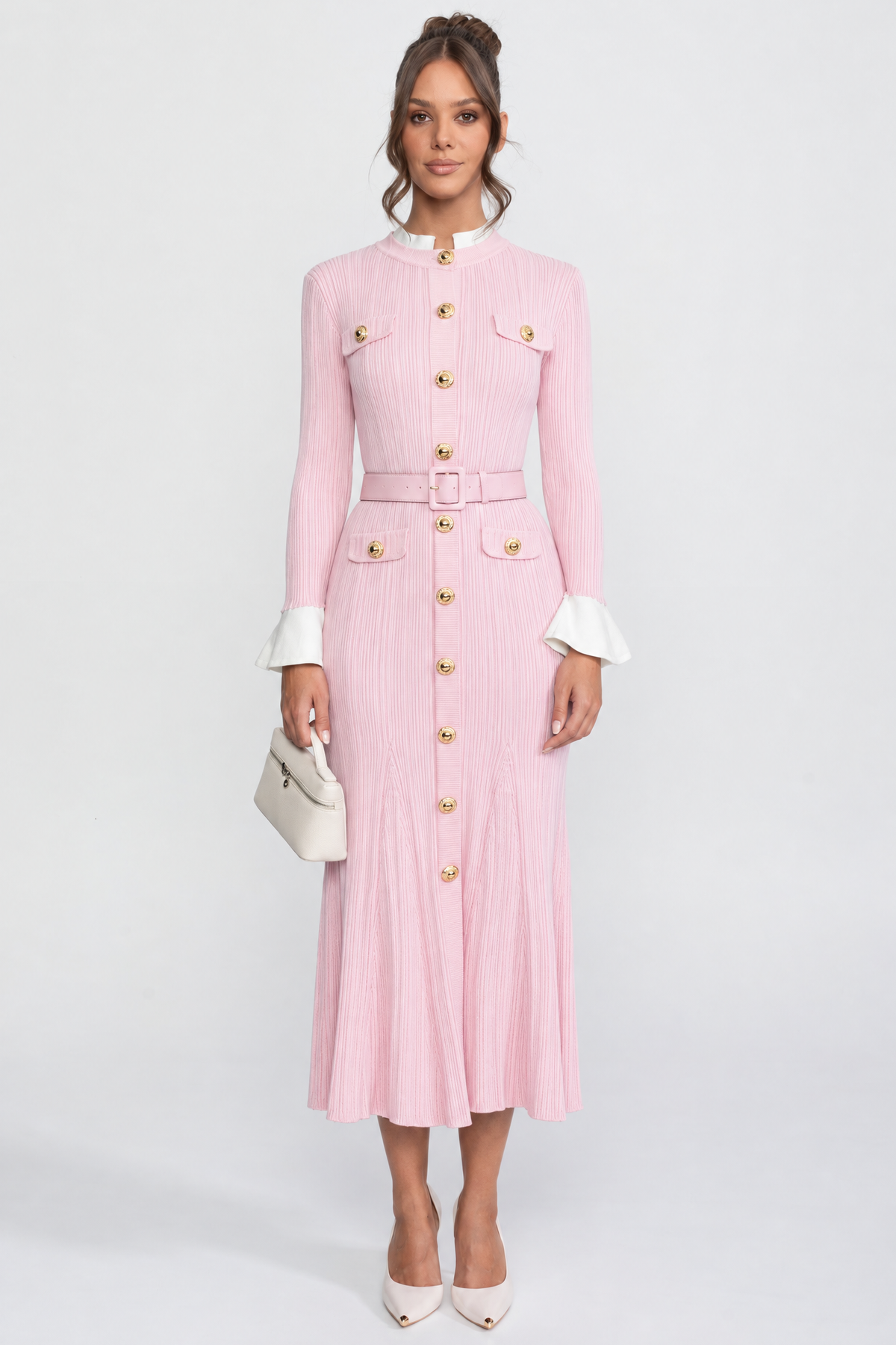 Marianne Pink Ribbed Knit Belted Midi Dress With White Cuffs And Collar