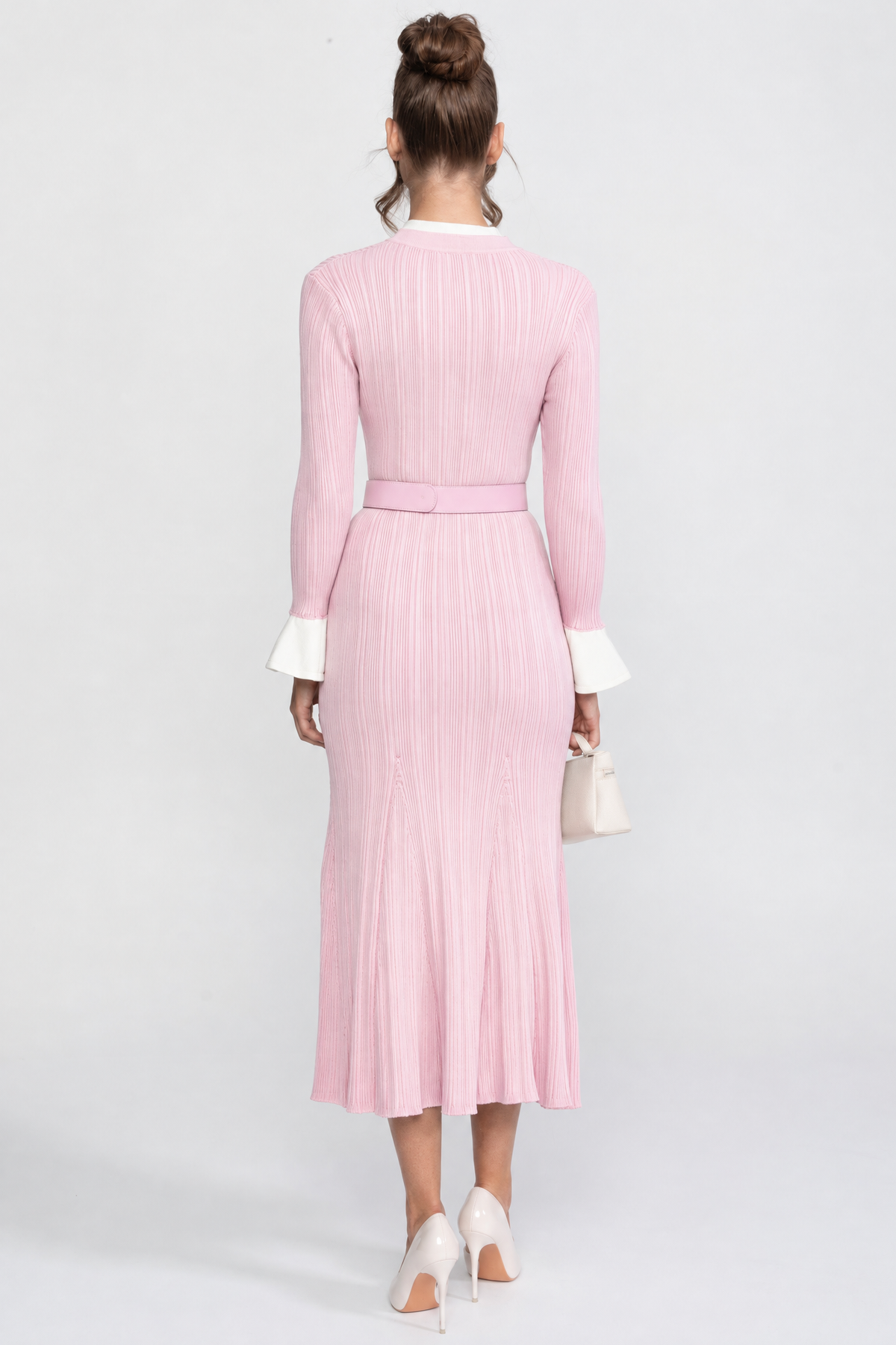 Marianne Pink Ribbed Knit Belted Midi Dress With White Cuffs And Collar
