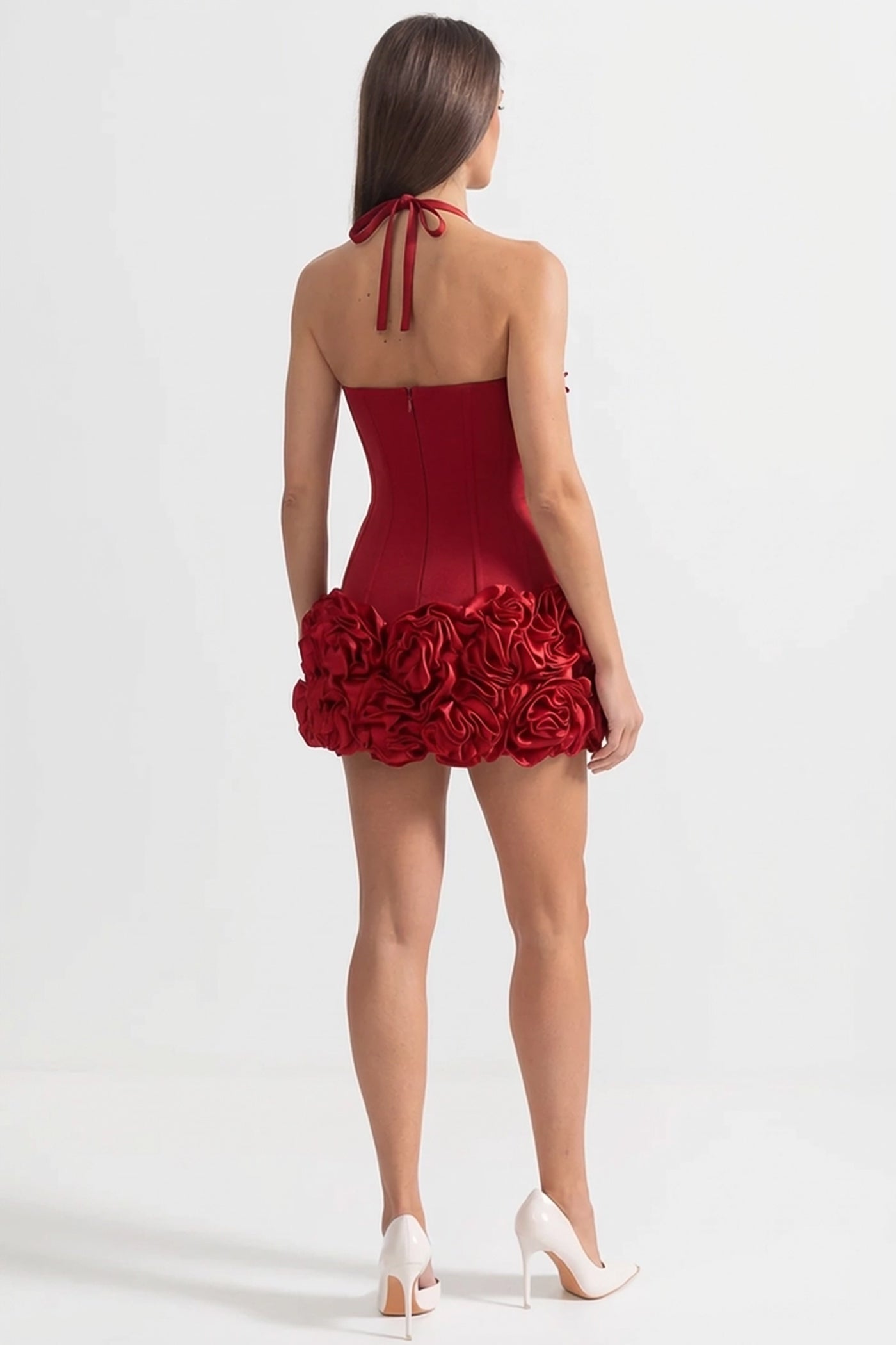 Corset Mini Dress with Sculpted Floral Hem – Red