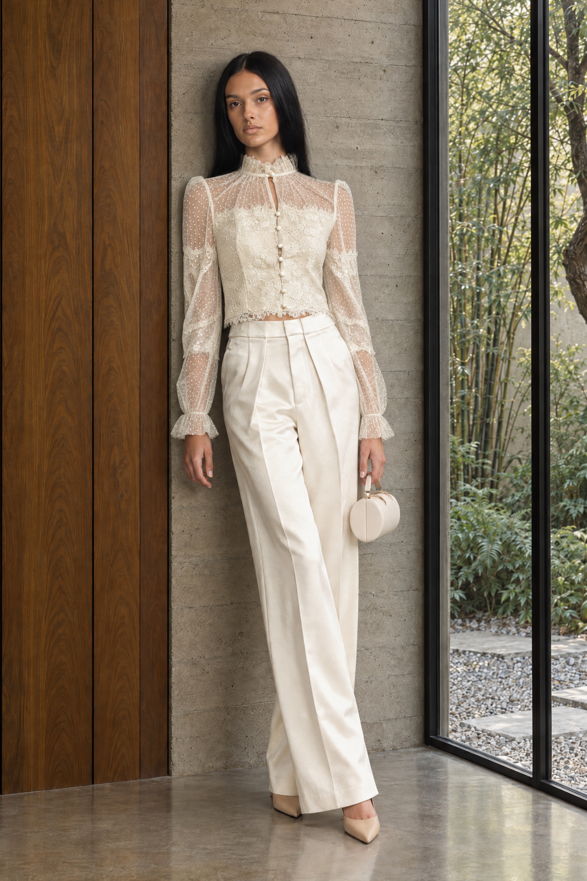 Valentina Ivoire Ruffle Neck Lace And Dot Mesh Cropped Blouse