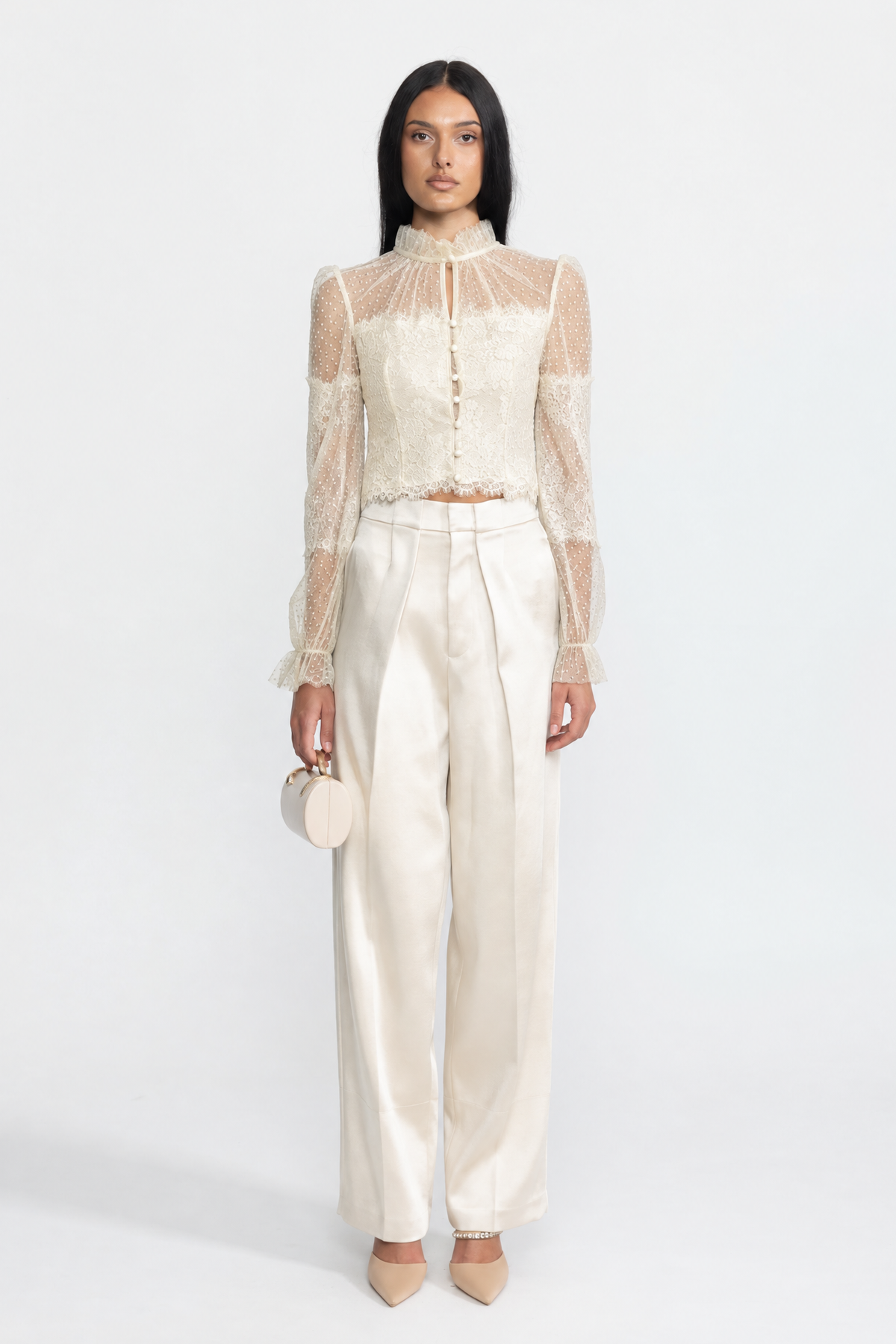 Valentina Ivoire Ruffle Neck Lace And Dot Mesh Cropped Blouse