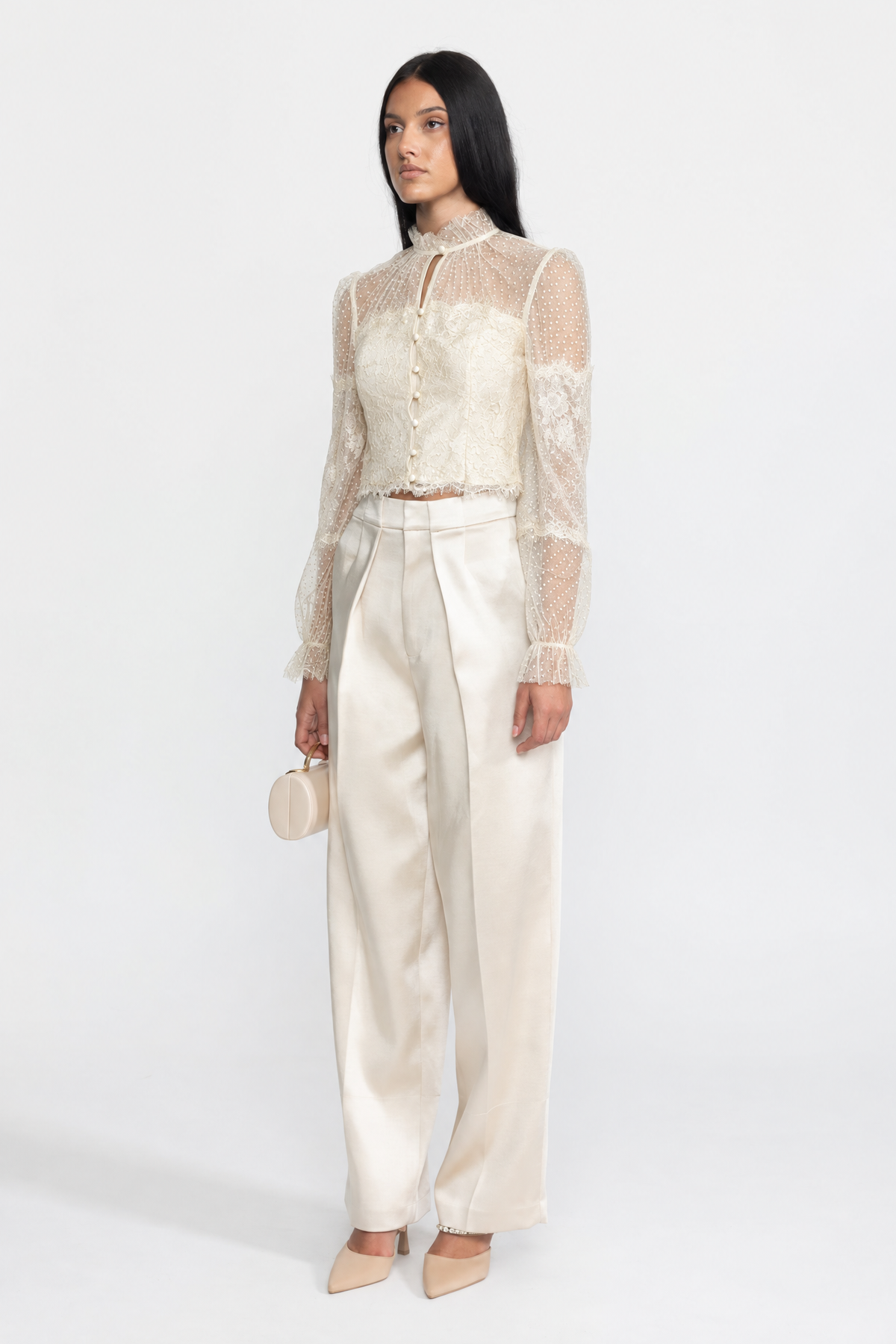 Valentina Ivoire Ruffle Neck Lace And Dot Mesh Cropped Blouse