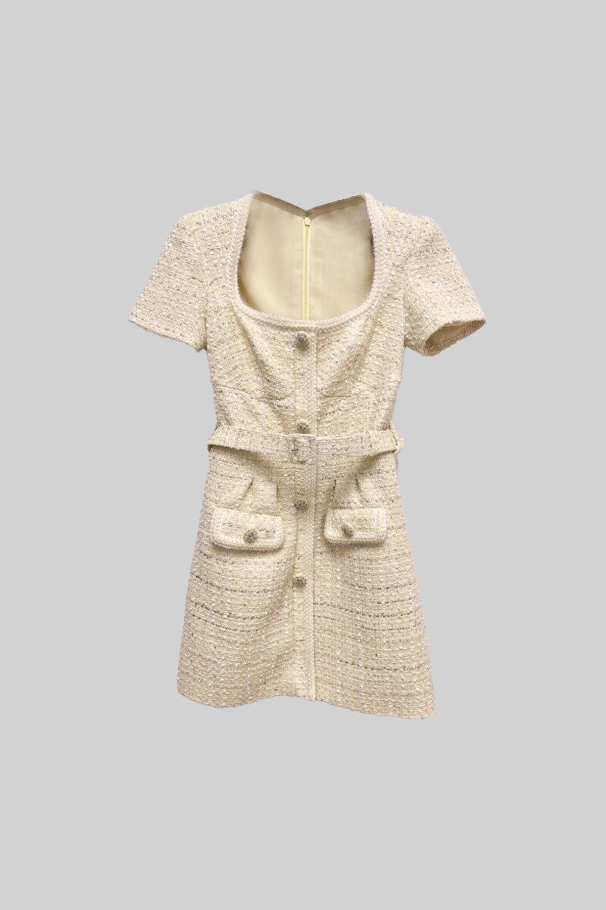 Textured Mini Dress With Matching Waistbelt And Floral Brooch - Beige