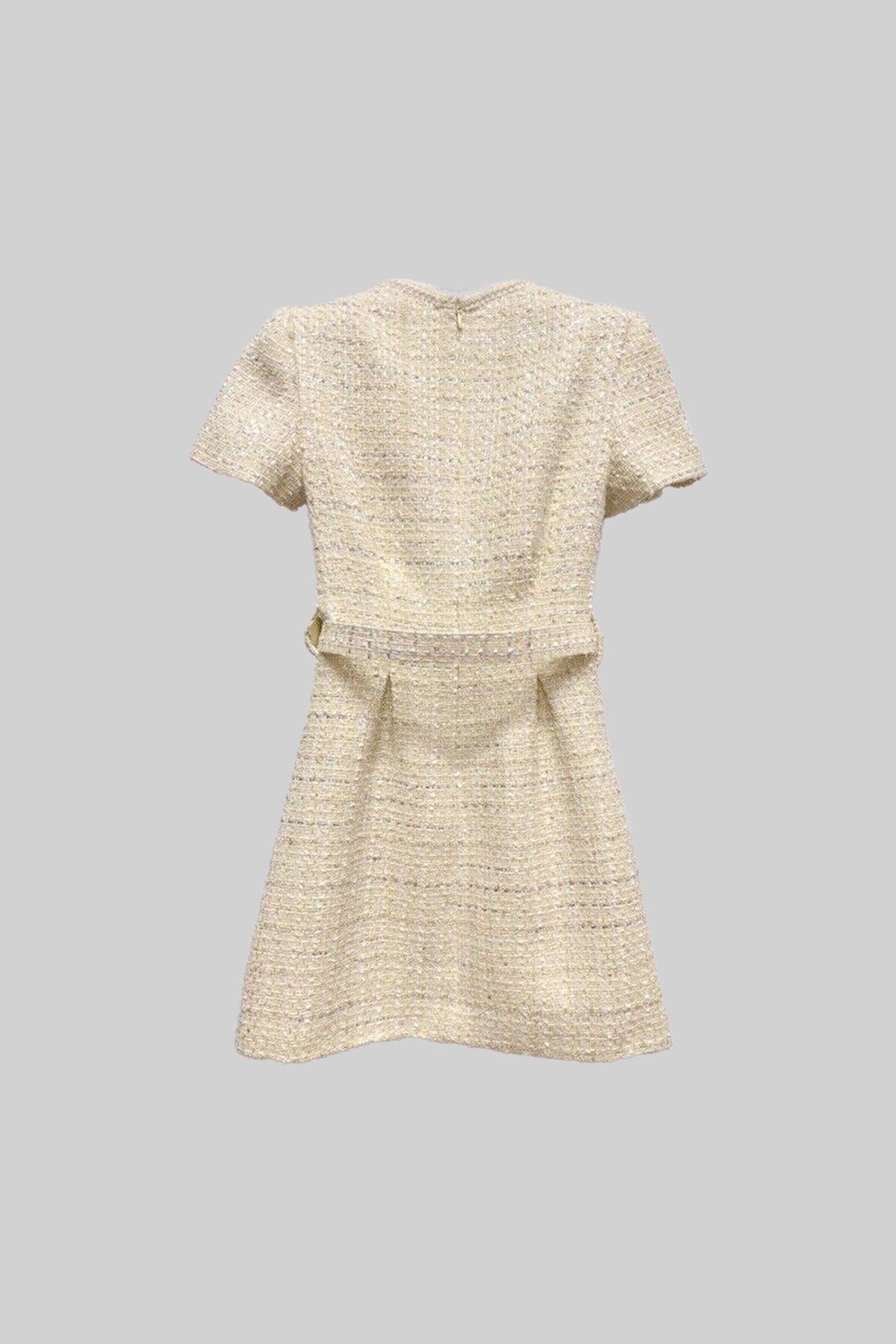 Textured Mini Dress With Matching Waistbelt And Floral Brooch - Beige