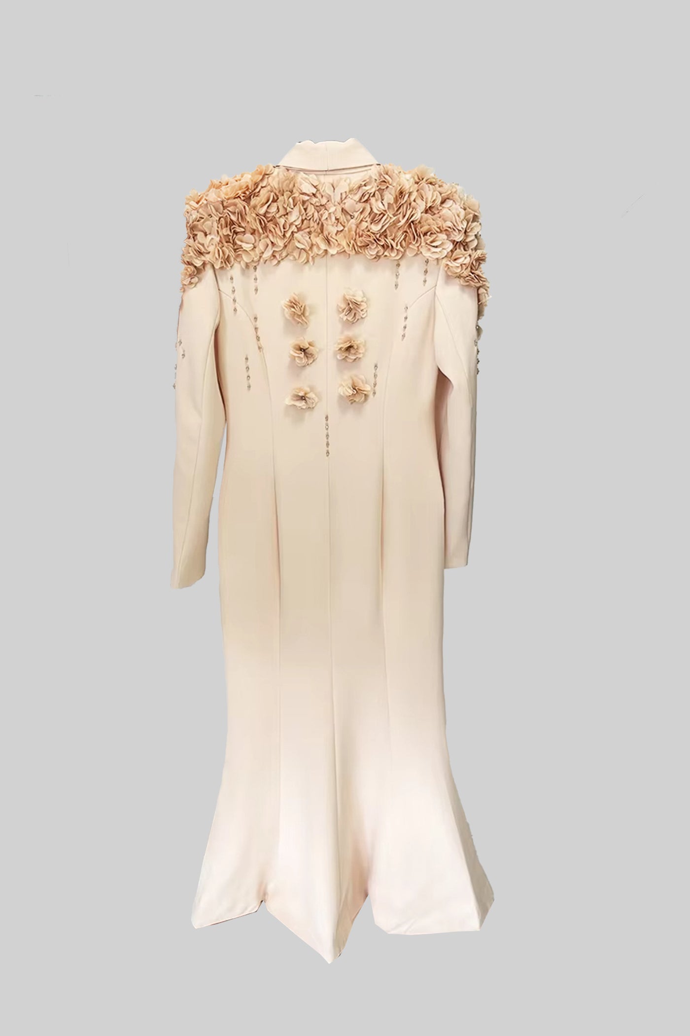Long Overcoat With 3D Contrasting Floral Shoulder And Back Accents - Peach