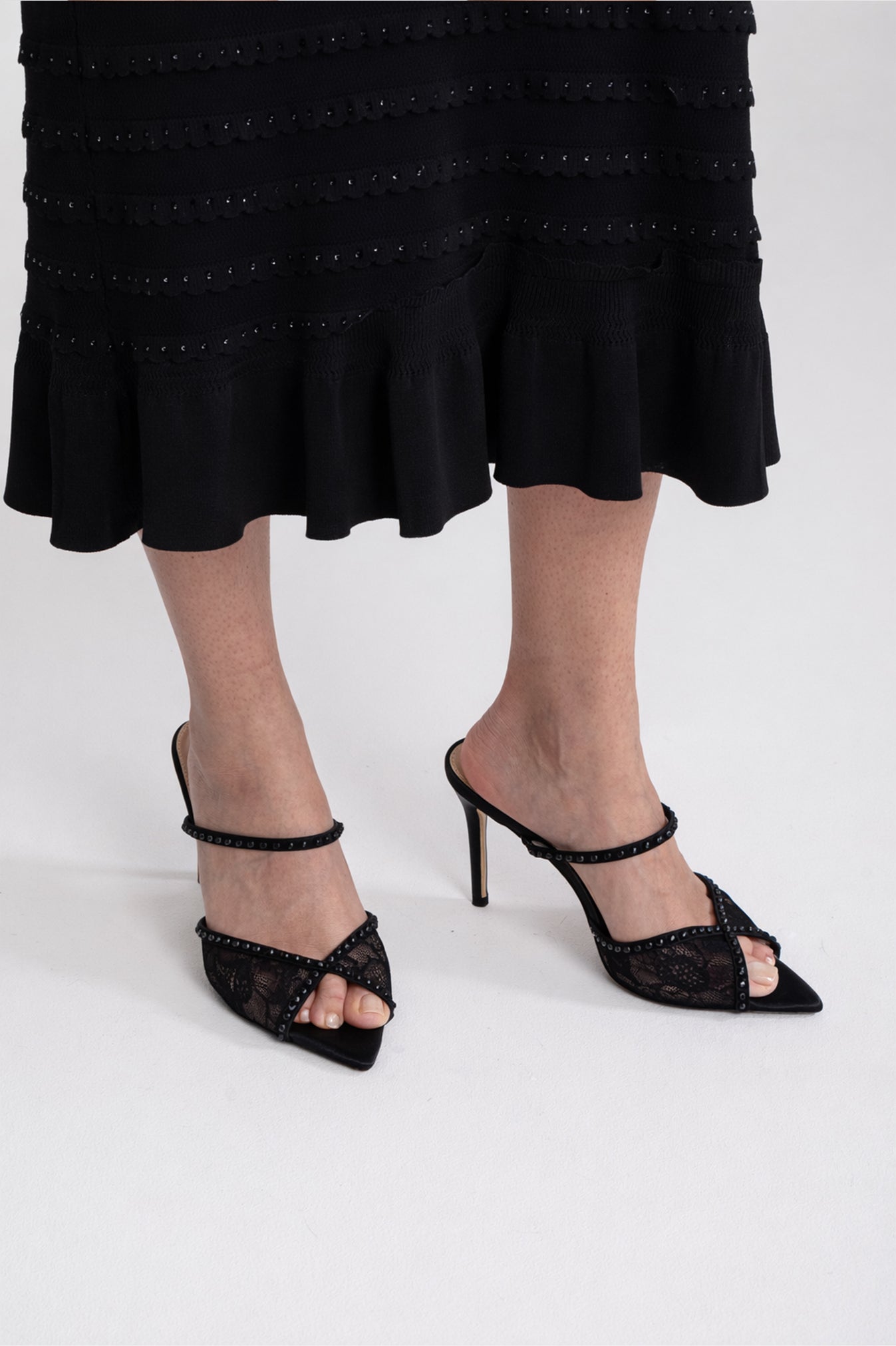 Crystal-Strap Lace Pointed-Toe Mules - Black