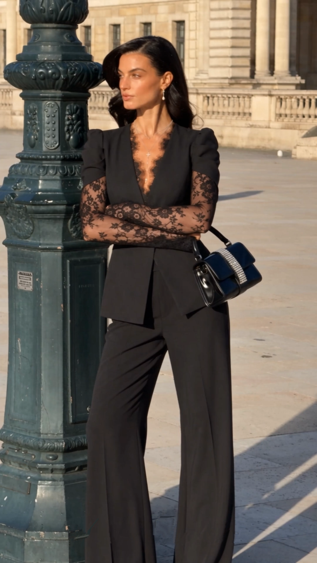 saffron black collarless blazer with lace trim