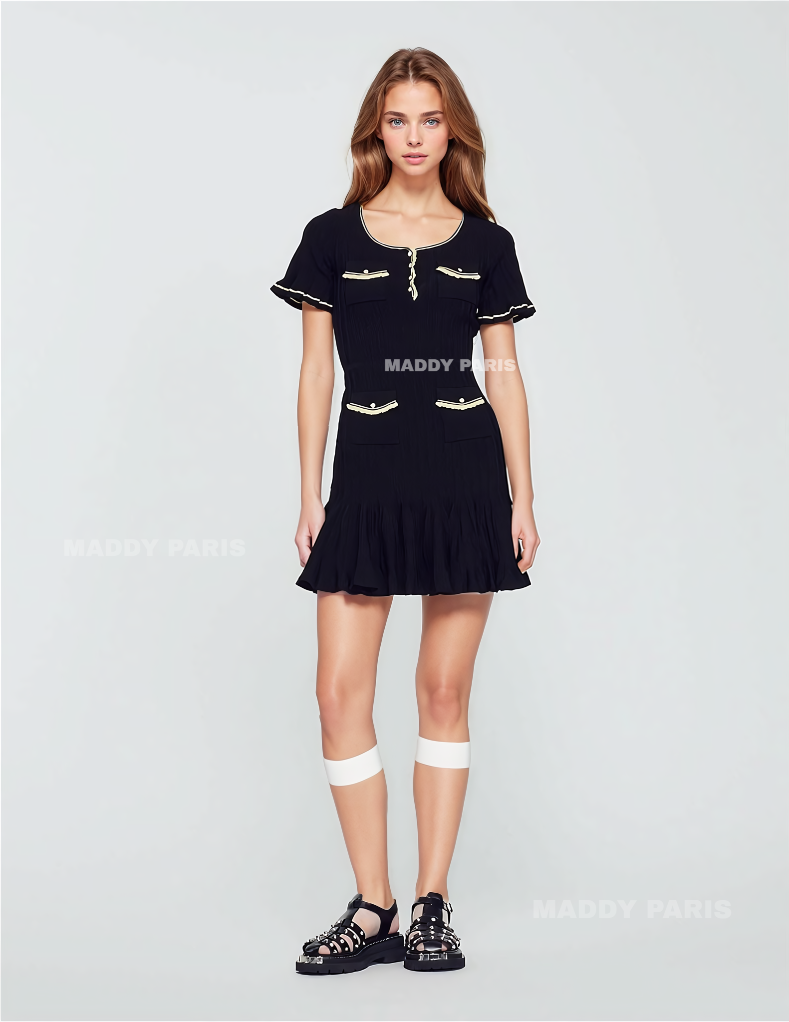MADDY PARIS  Black Short Mini Dress with Buttons and Contrast Trim - Black