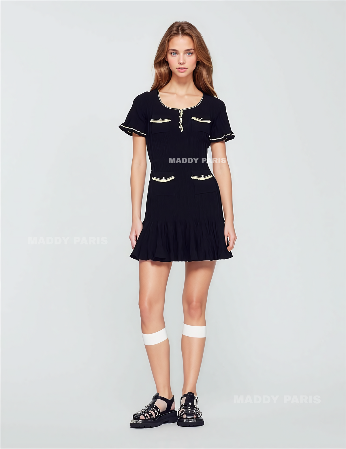 MADDY PARIS Black Short Mini Dress with Buttons and Contrast Trim - Black