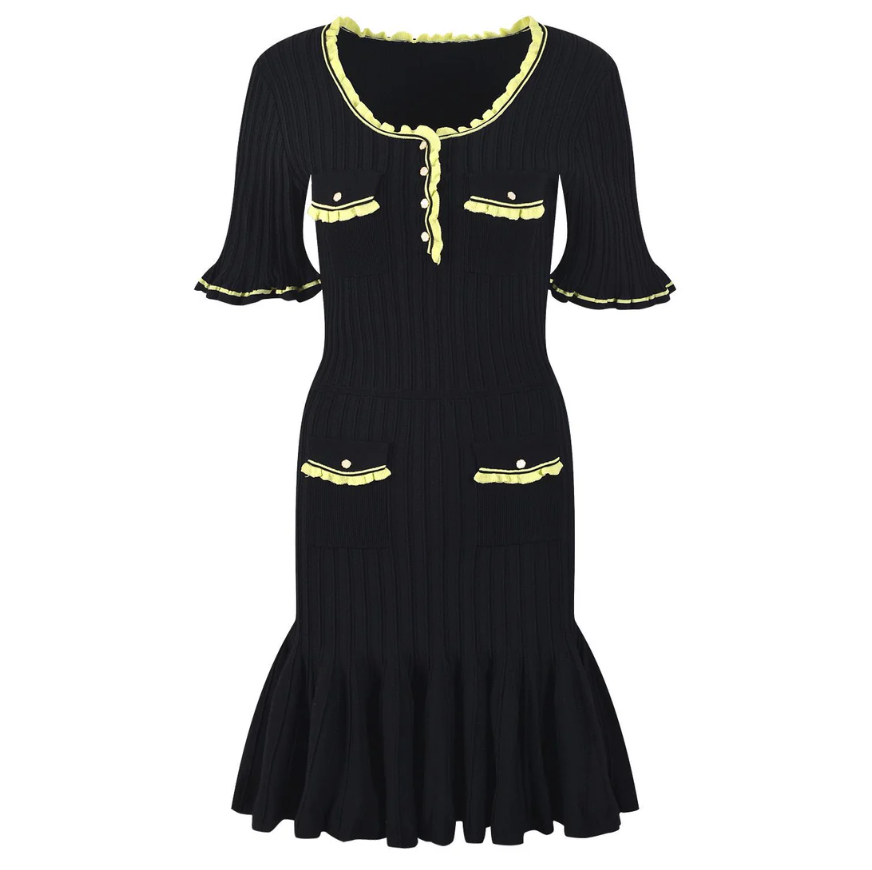MADDY PARIS Black Short Mini Dress with Buttons and Contrast Trim - Black