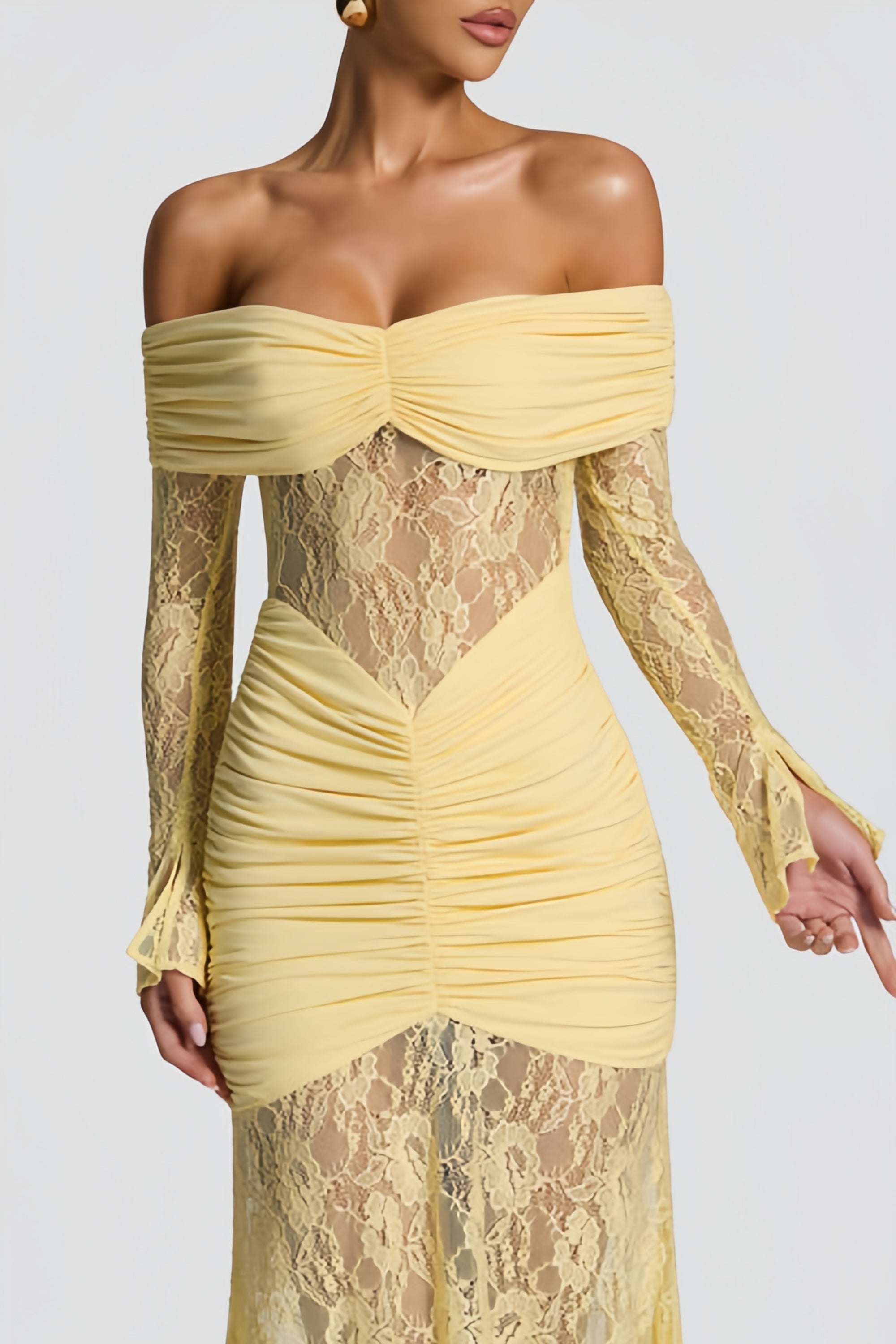 Brigitte Yellow Lace Panel Ruched Maxi Dress (Final Sale-US Only)